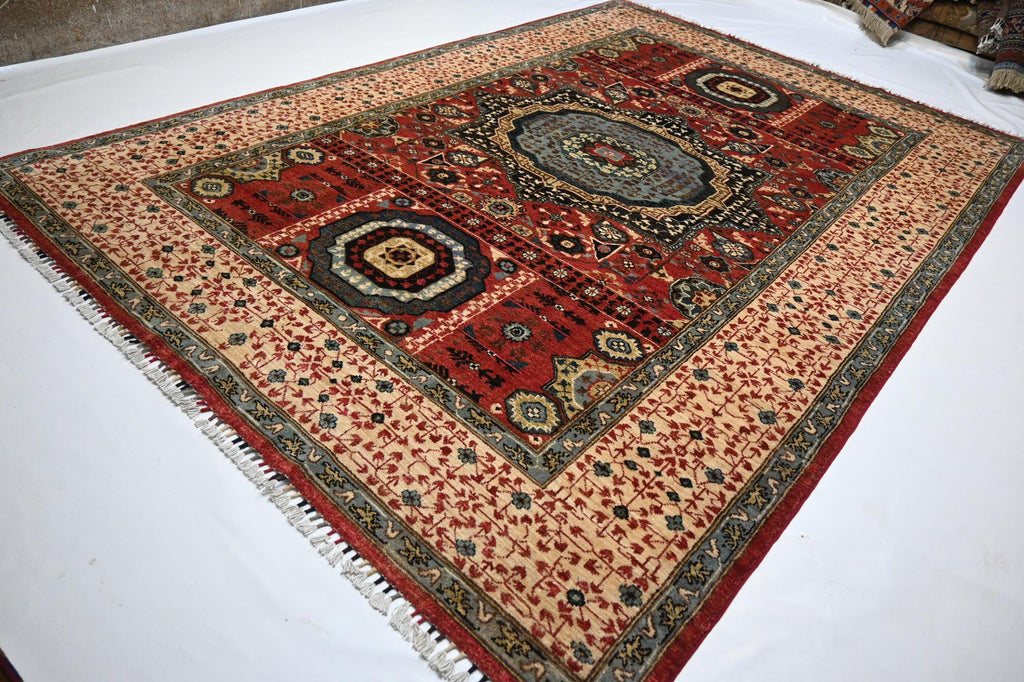 Luxurious Afghan Turkmen Red Mamluk Wool Area Rug 6'7"x9'7" Hand-Knotted