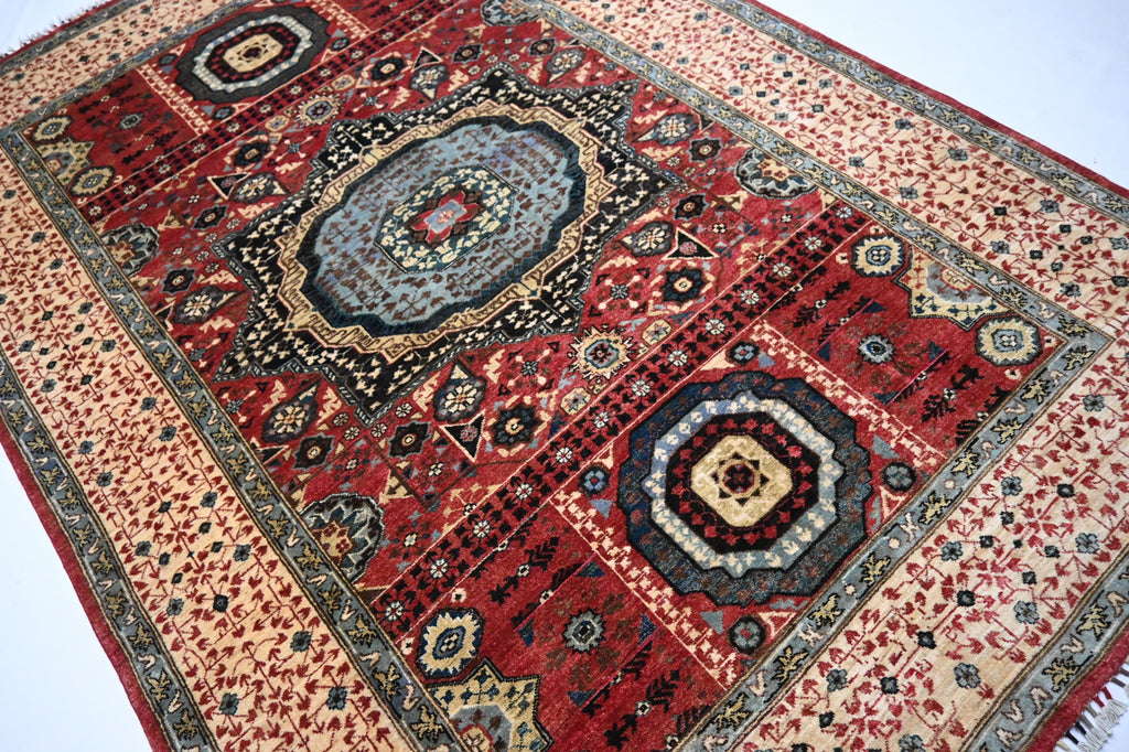 Luxurious Afghan Turkmen Red Mamluk Wool Area Rug 6'7"x9'7" Hand-Knotted