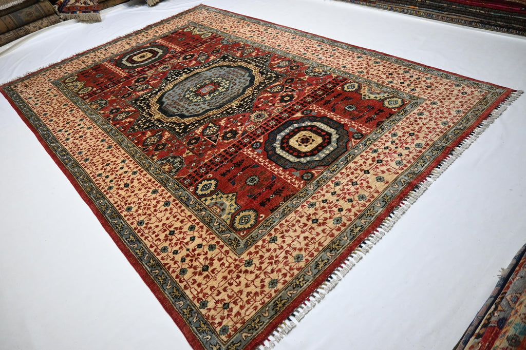 Luxurious Afghan Turkmen Red Mamluk Wool Area Rug 6'7"x9'7" Hand-Knotted