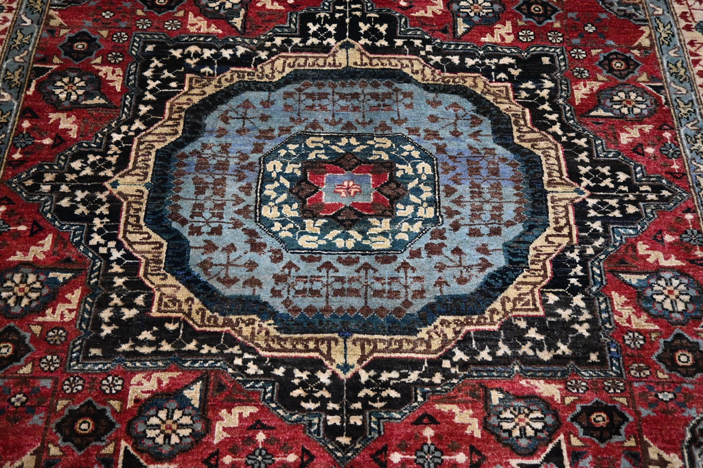 Luxurious Afghan Turkmen Red Mamluk Wool Area Rug 6'7"x9'7" Hand-Knotted