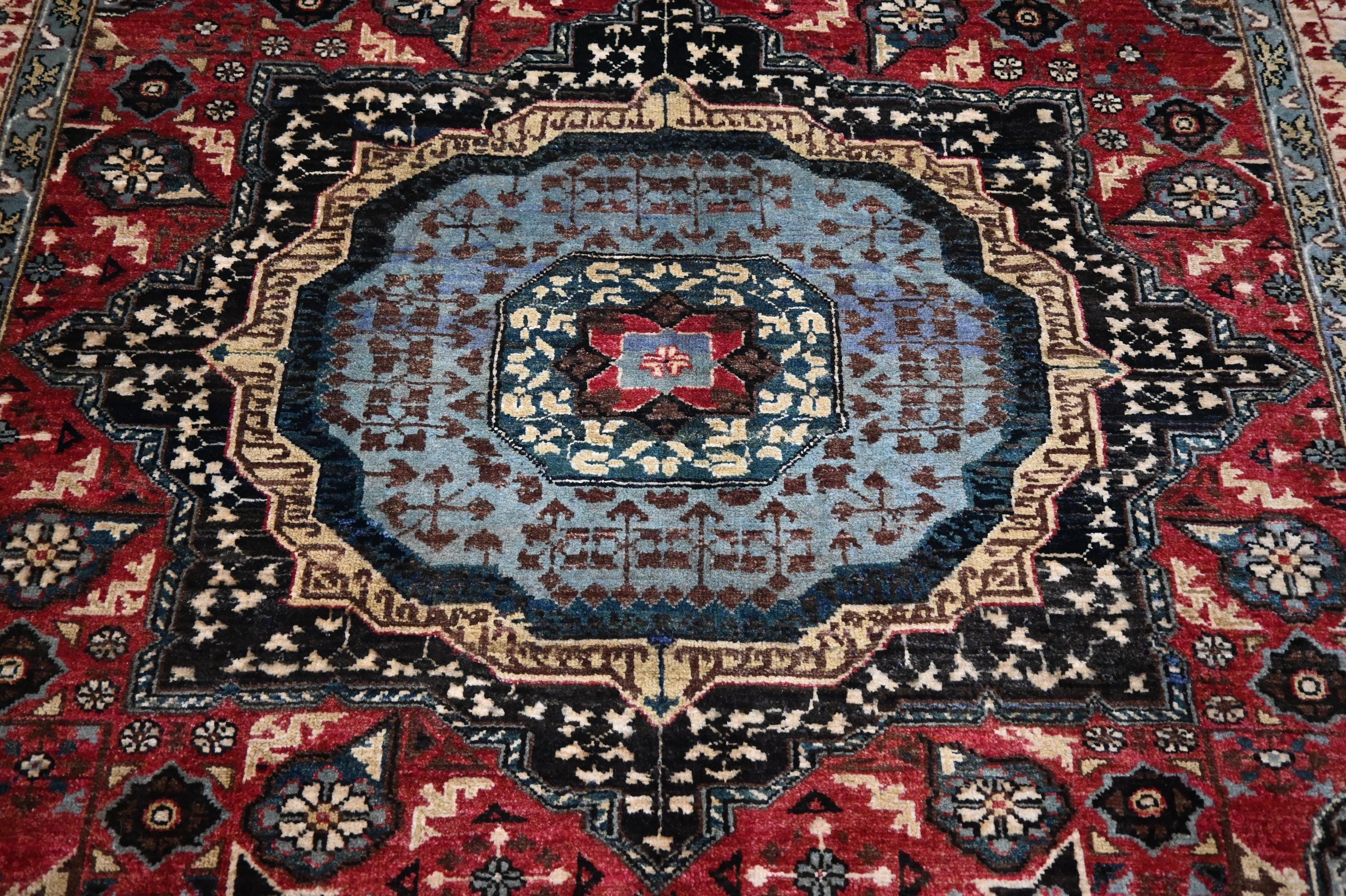 Luxurious Afghan Turkmen Red Mamluk Wool Area Rug 6'7"x9'7" Hand-Knotted