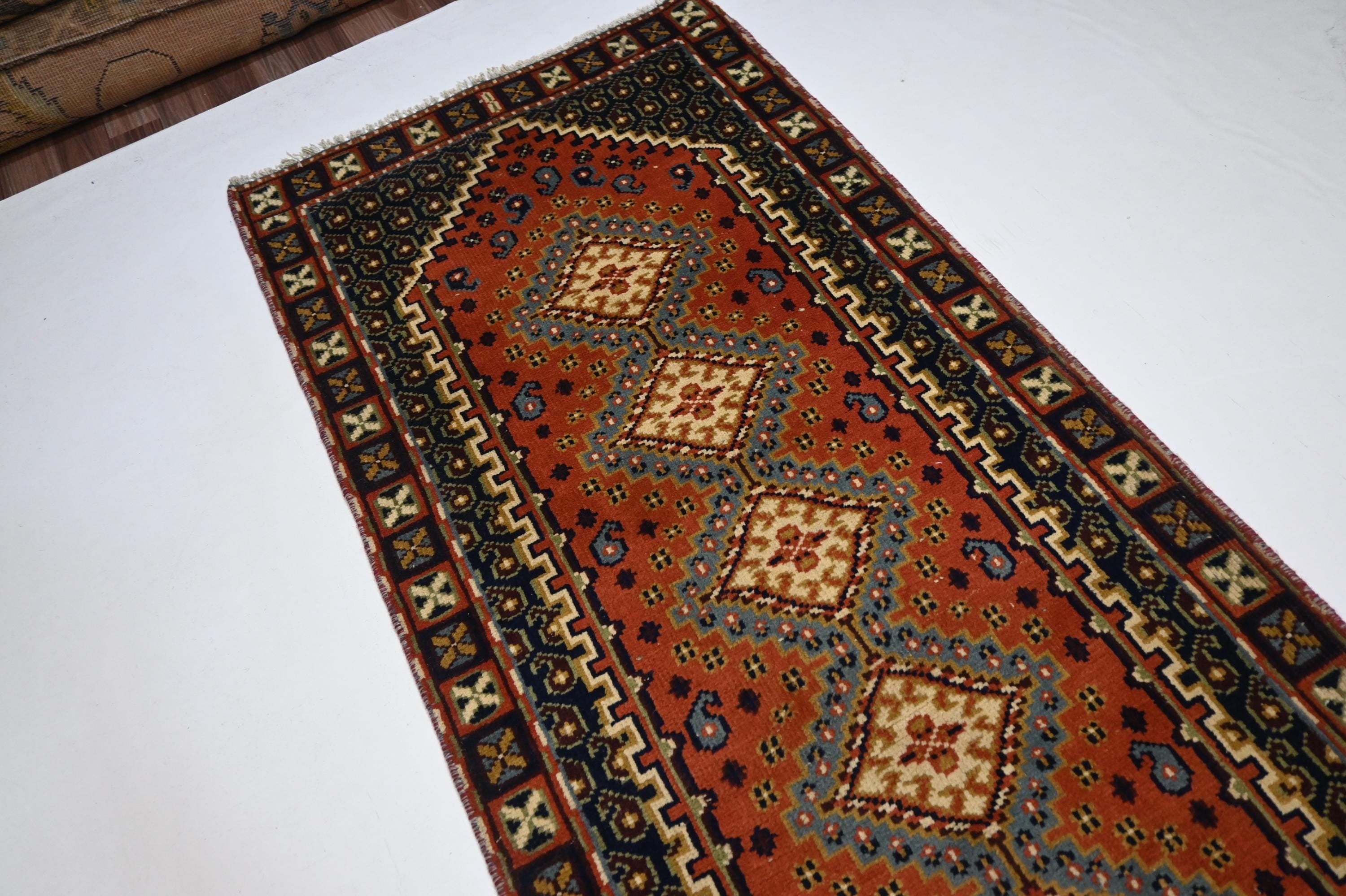 1940s Antique Afghan Handmade Wool Rug Runner - Orange Gray Turkmen Oriental