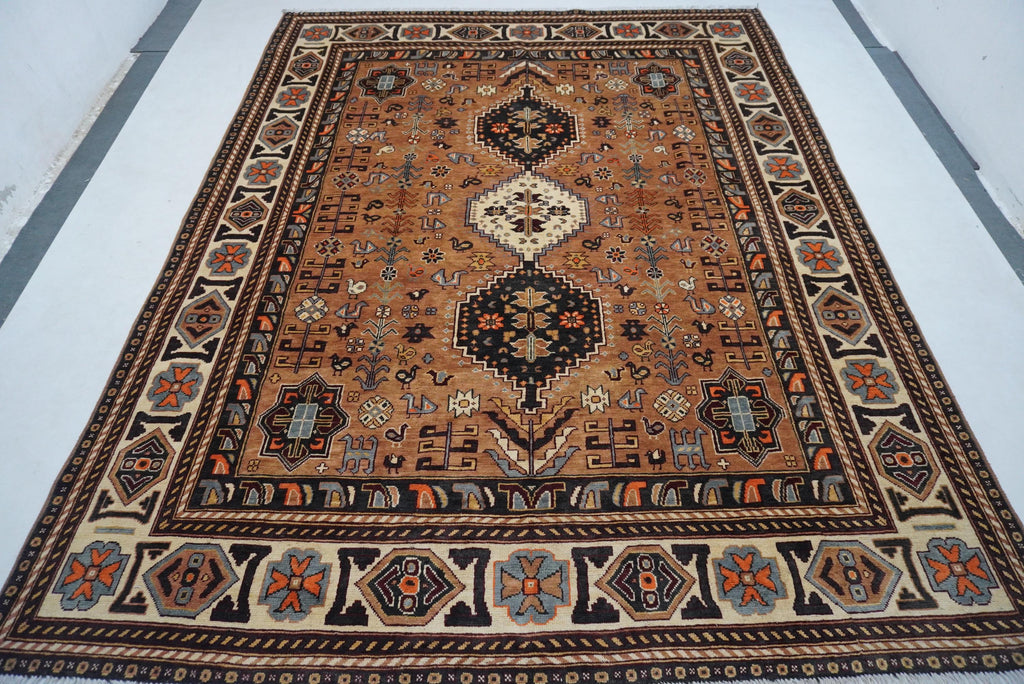 8x10 Terracotta Caucasian Turkmen Handmade Wool Rug for Living Room
