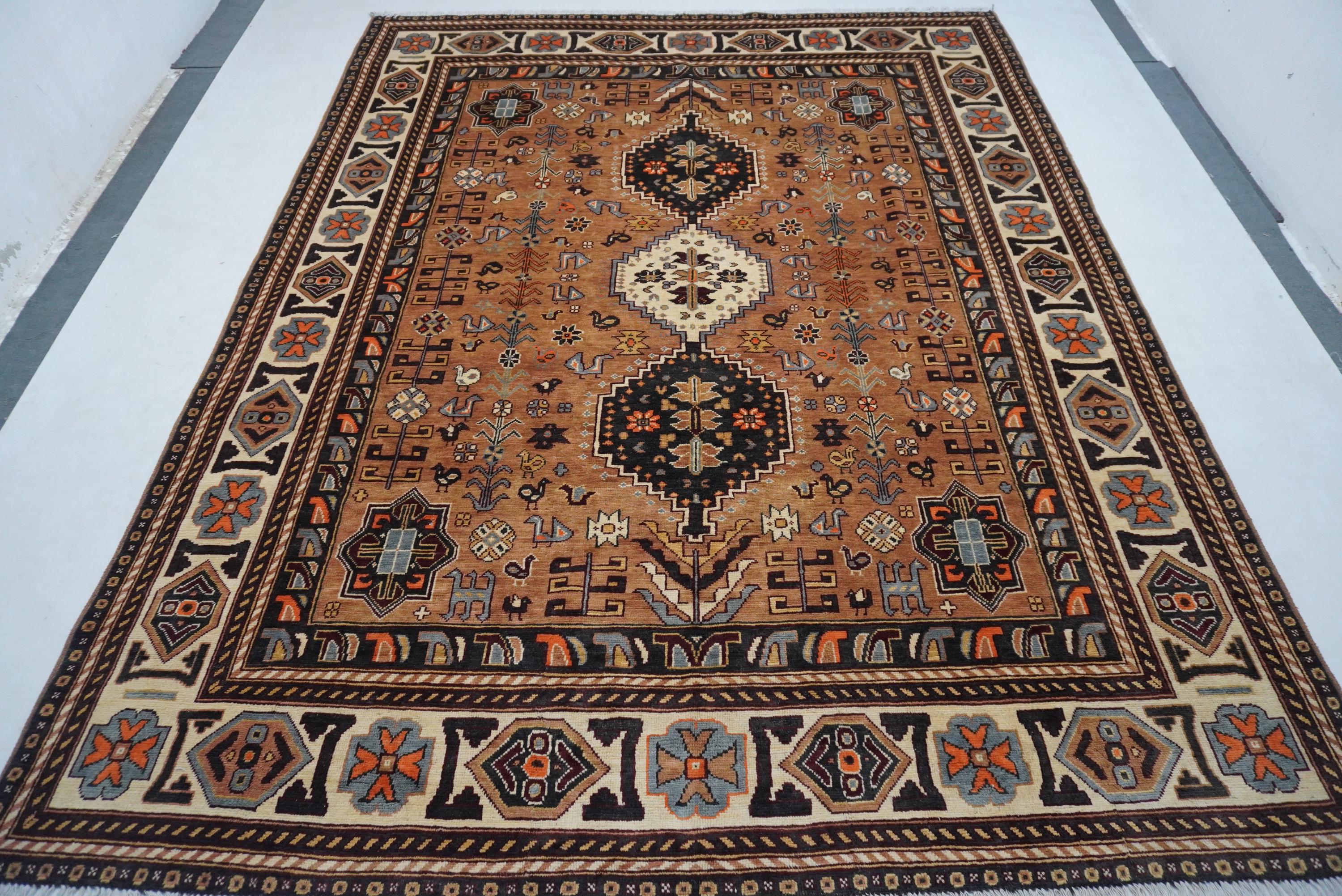 8x10 Terracotta Caucasian Turkmen Handmade Wool Rug for Living Room