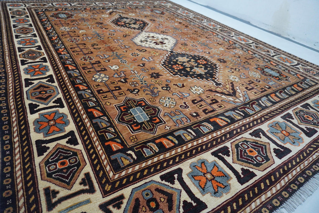 8x10 Terracotta Caucasian Turkmen Handmade Wool Rug for Living Room