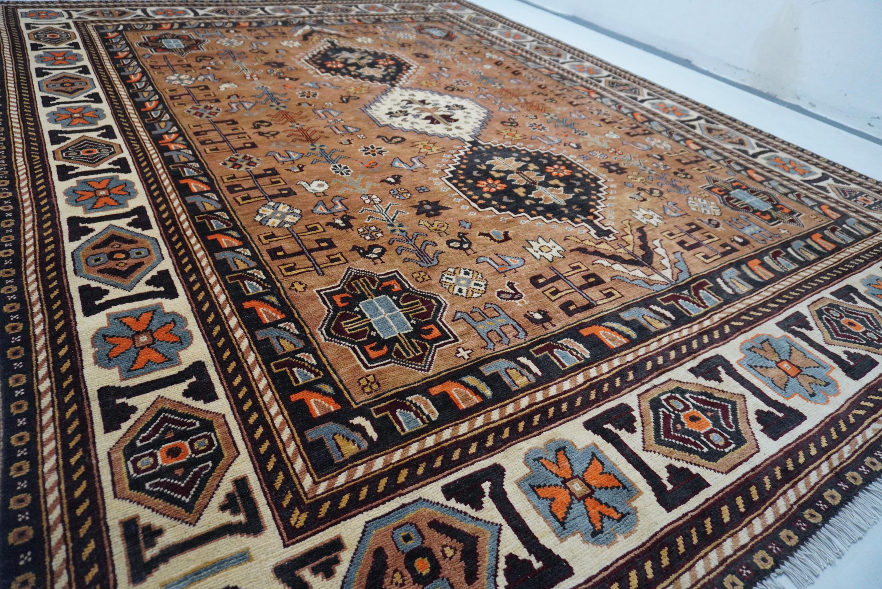 8x10 Terracotta Caucasian Turkmen Handmade Wool Rug for Living Room
