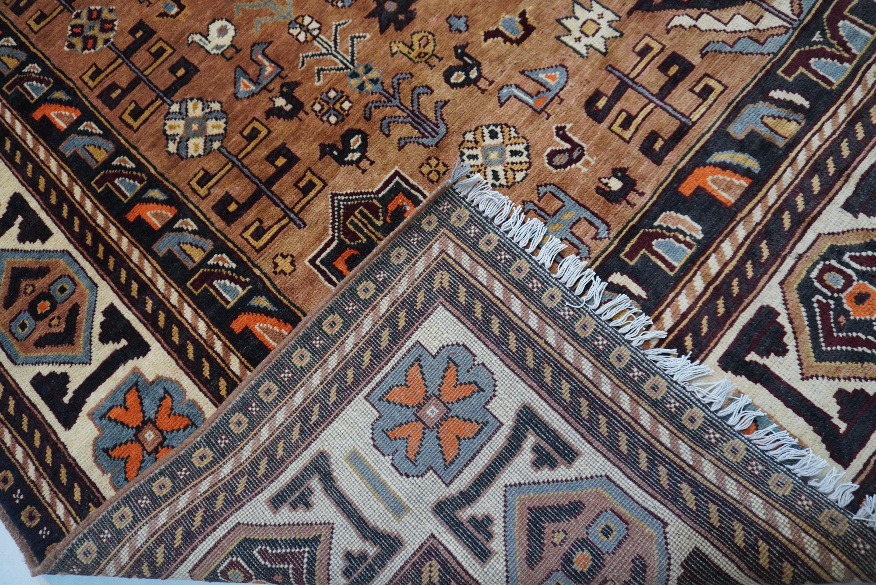 8x10 Terracotta Caucasian Turkmen Handmade Wool Rug for Living Room