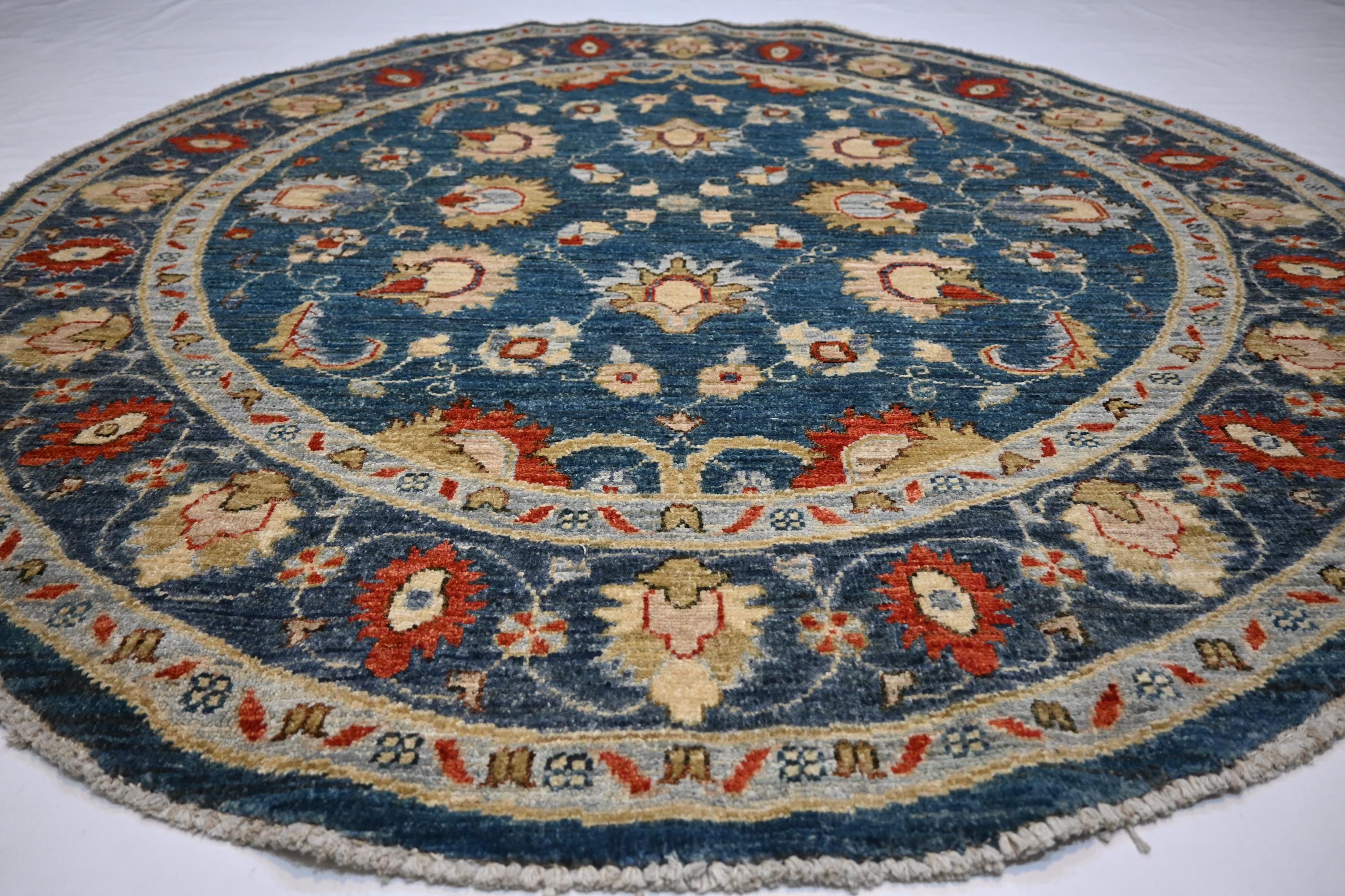 5x5 Ft Round Bluish Turquoise Afghan Zeigler Hand-Knotted Wool Area Rug