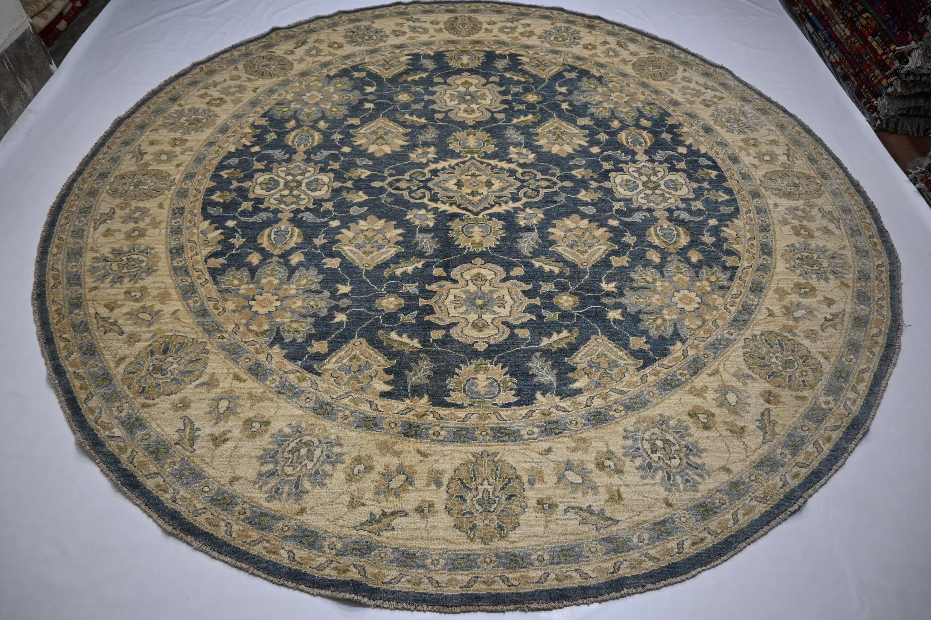 Handmade 9x9 Ft Afghan Turkmen Round Wool Rug, Gray Modern Zeigler Design