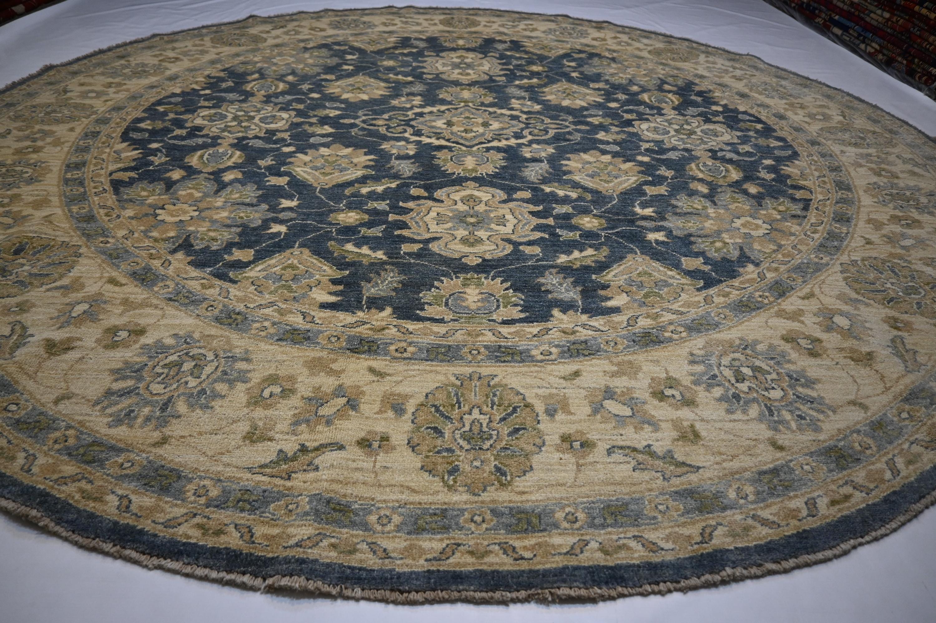 Handmade 9x9 Ft Afghan Turkmen Round Wool Rug, Gray Modern Zeigler Design