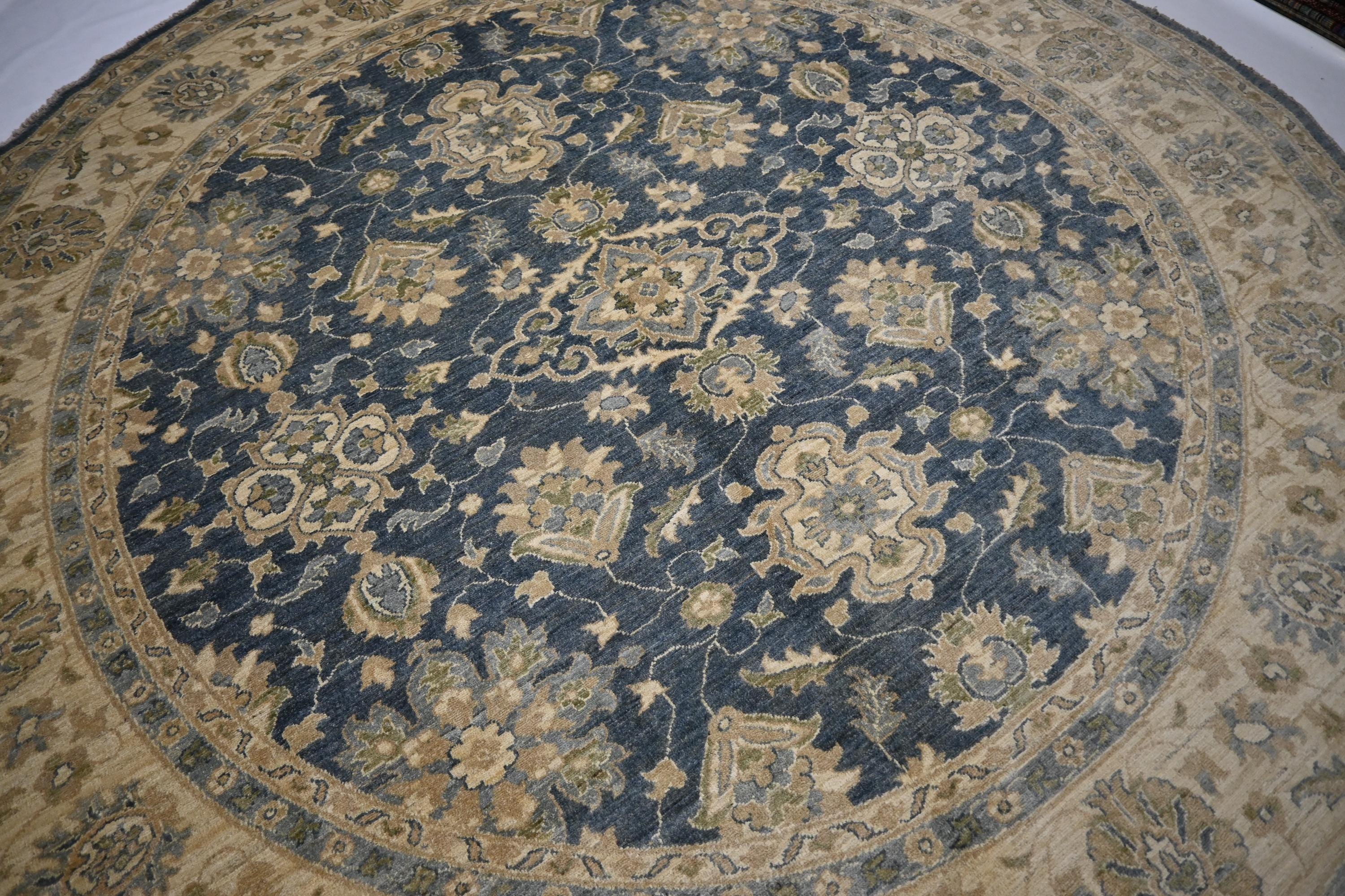 Handmade 9x9 Ft Afghan Turkmen Round Wool Rug, Gray Modern Zeigler Design