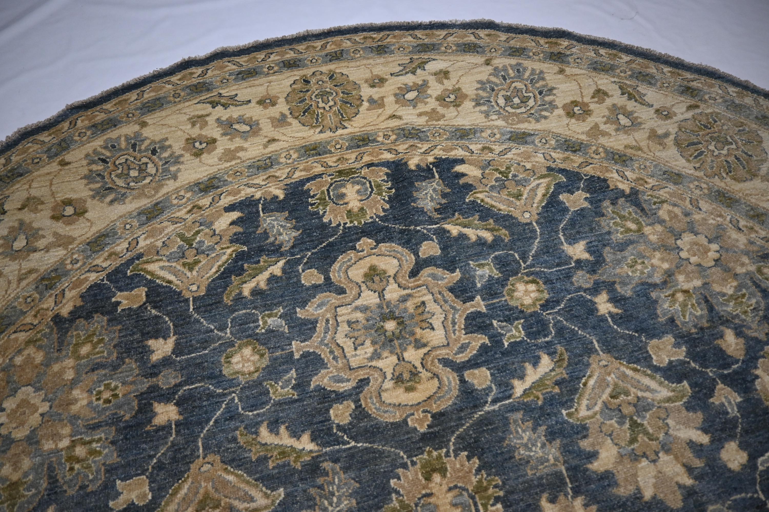 Handmade 9x9 Ft Afghan Turkmen Round Wool Rug, Gray Modern Zeigler Design