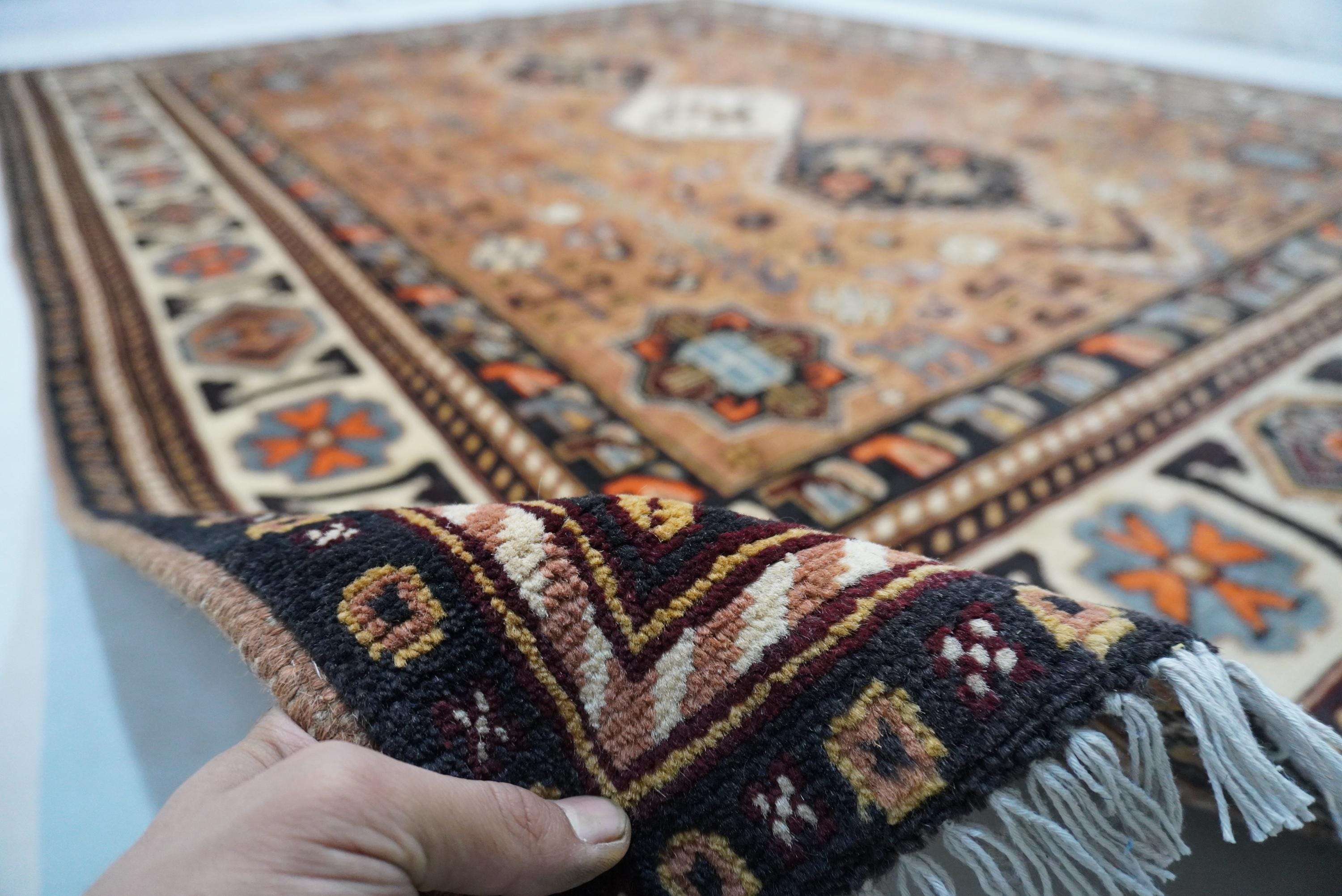 8x10 Terracotta Caucasian Turkmen Handmade Wool Rug for Living Room