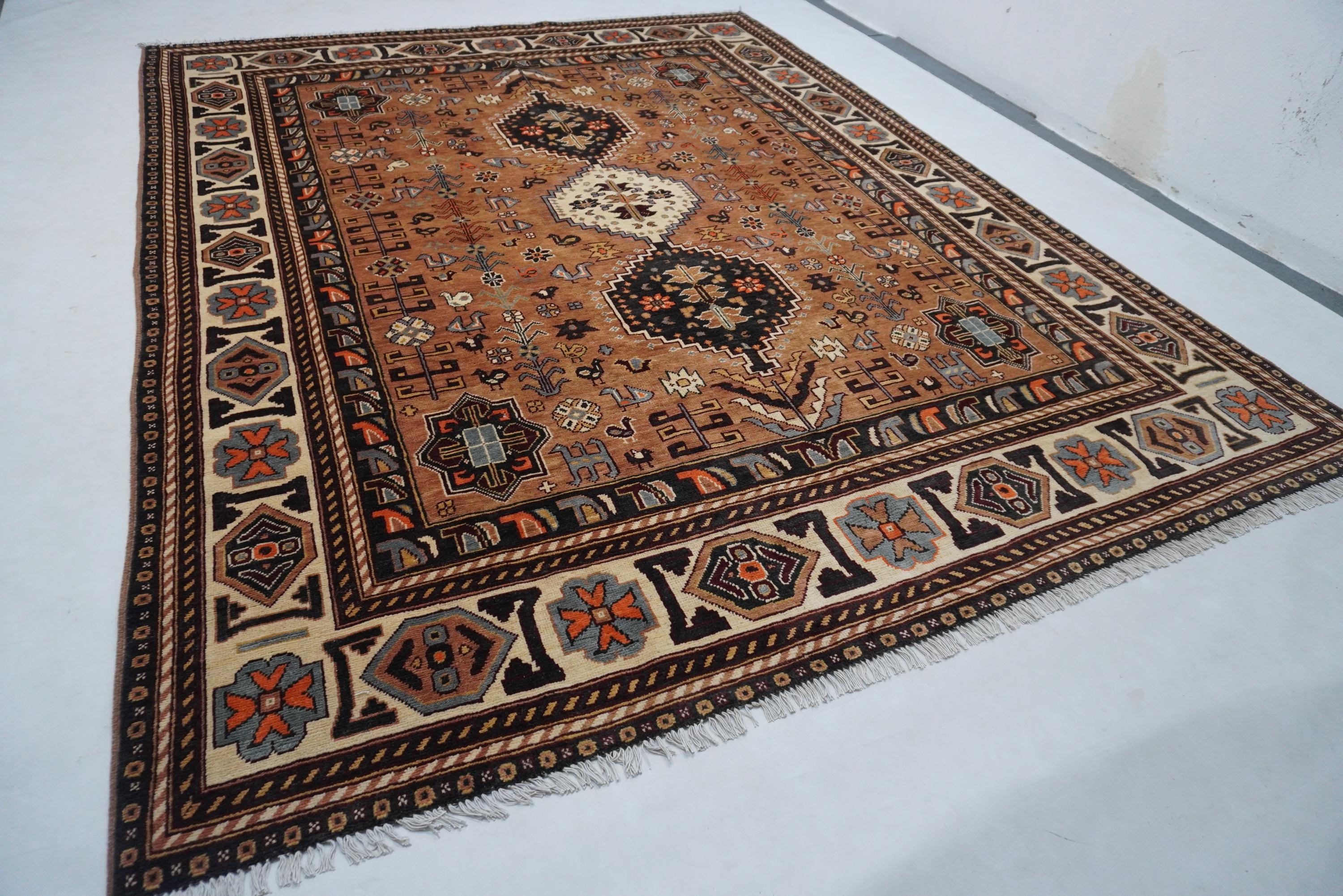8x10 Terracotta Caucasian Turkmen Handmade Wool Rug for Living Room