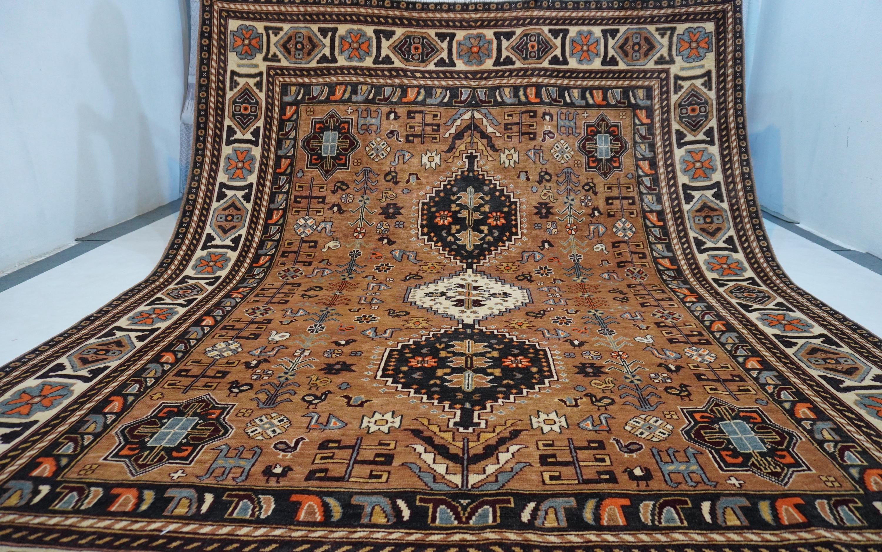 8x10 Terracotta Caucasian Turkmen Handmade Wool Rug for Living Room