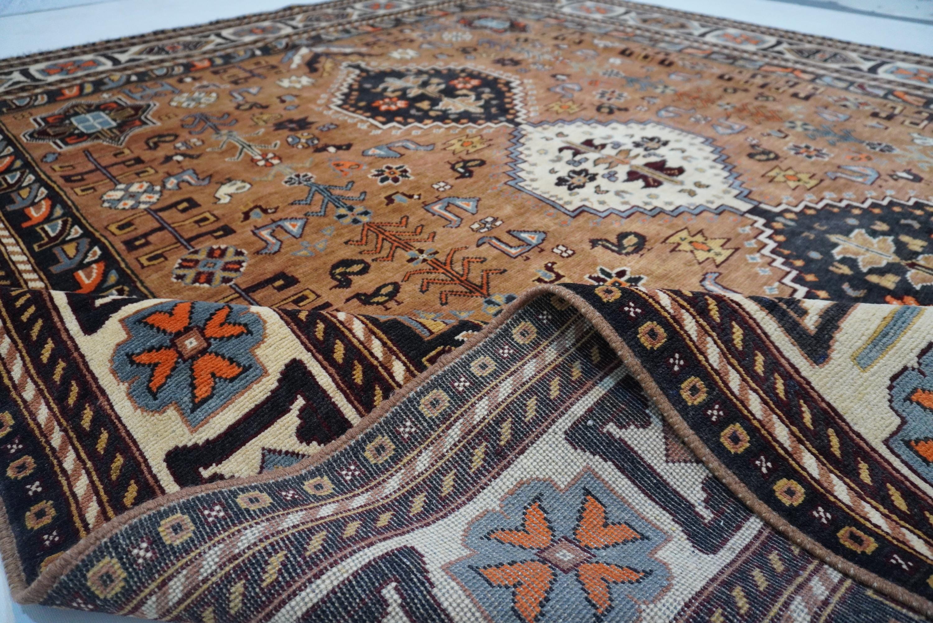 8x10 Terracotta Caucasian Turkmen Handmade Wool Rug for Living Room