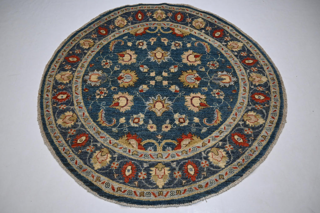 5x5 Ft Round Bluish Turquoise Afghan Zeigler Hand-Knotted Wool Area Rug