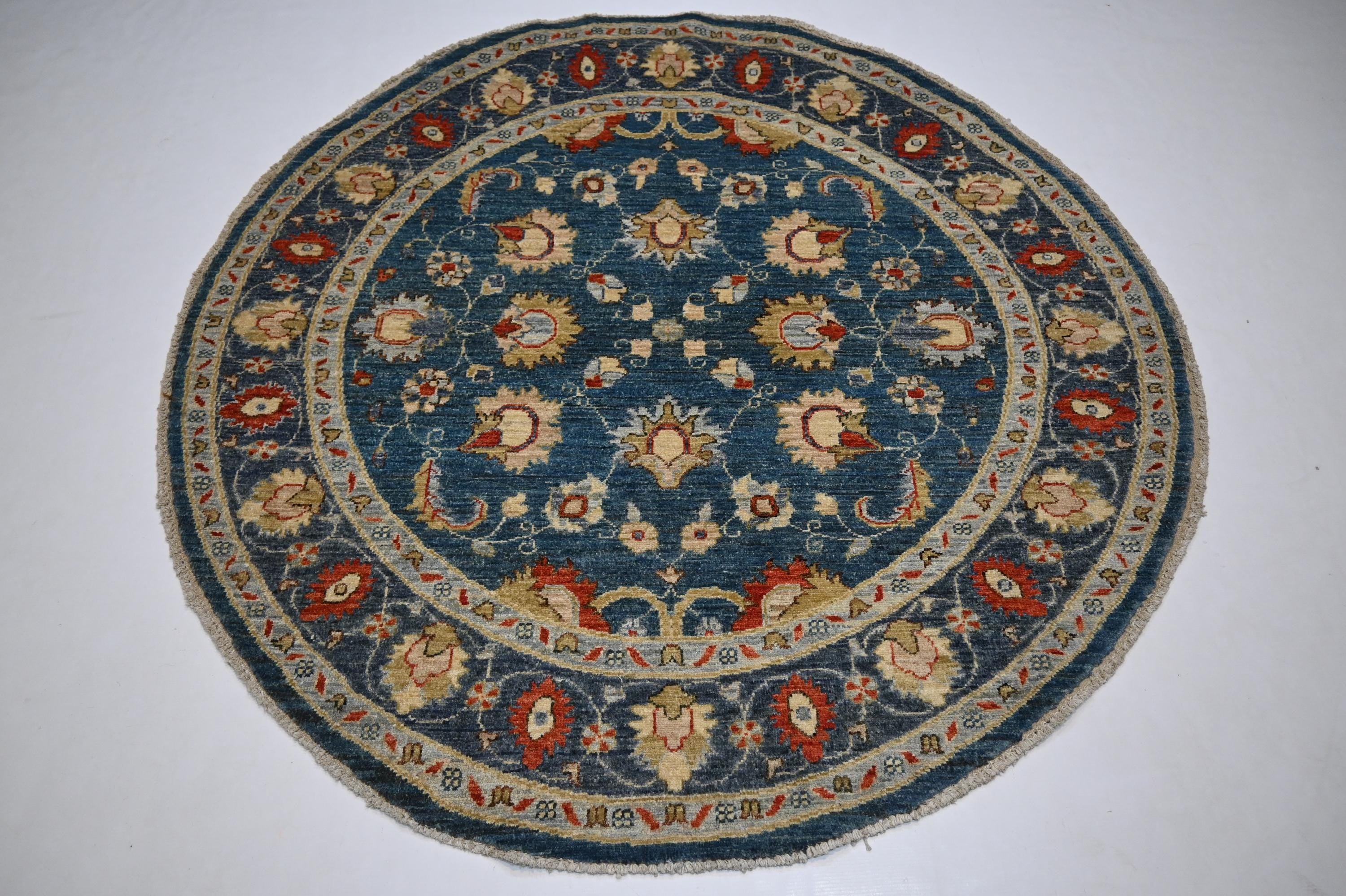 5x5 Ft Round Bluish Turquoise Afghan Zeigler Hand-Knotted Wool Area Rug