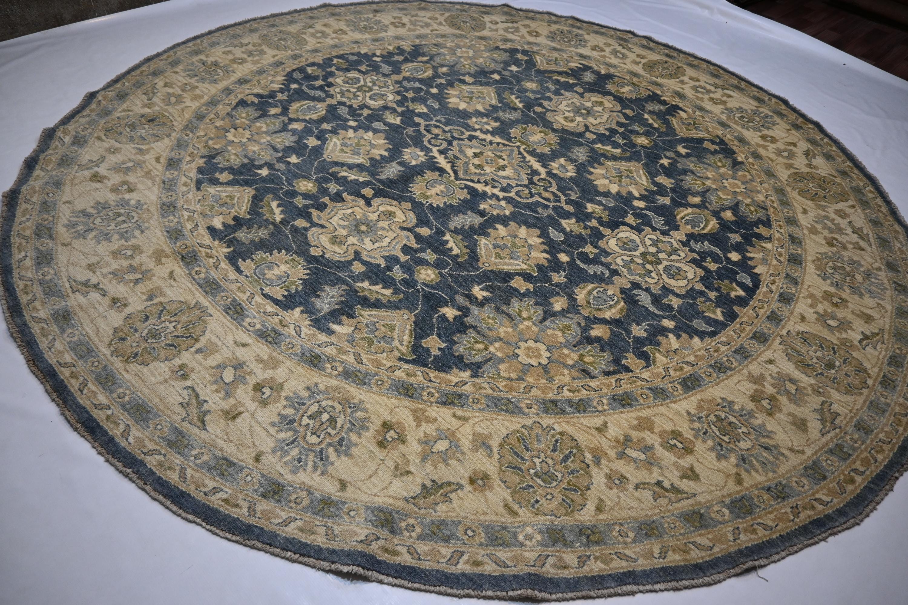 Handmade 9x9 Ft Afghan Turkmen Round Wool Rug, Gray Modern Zeigler Design