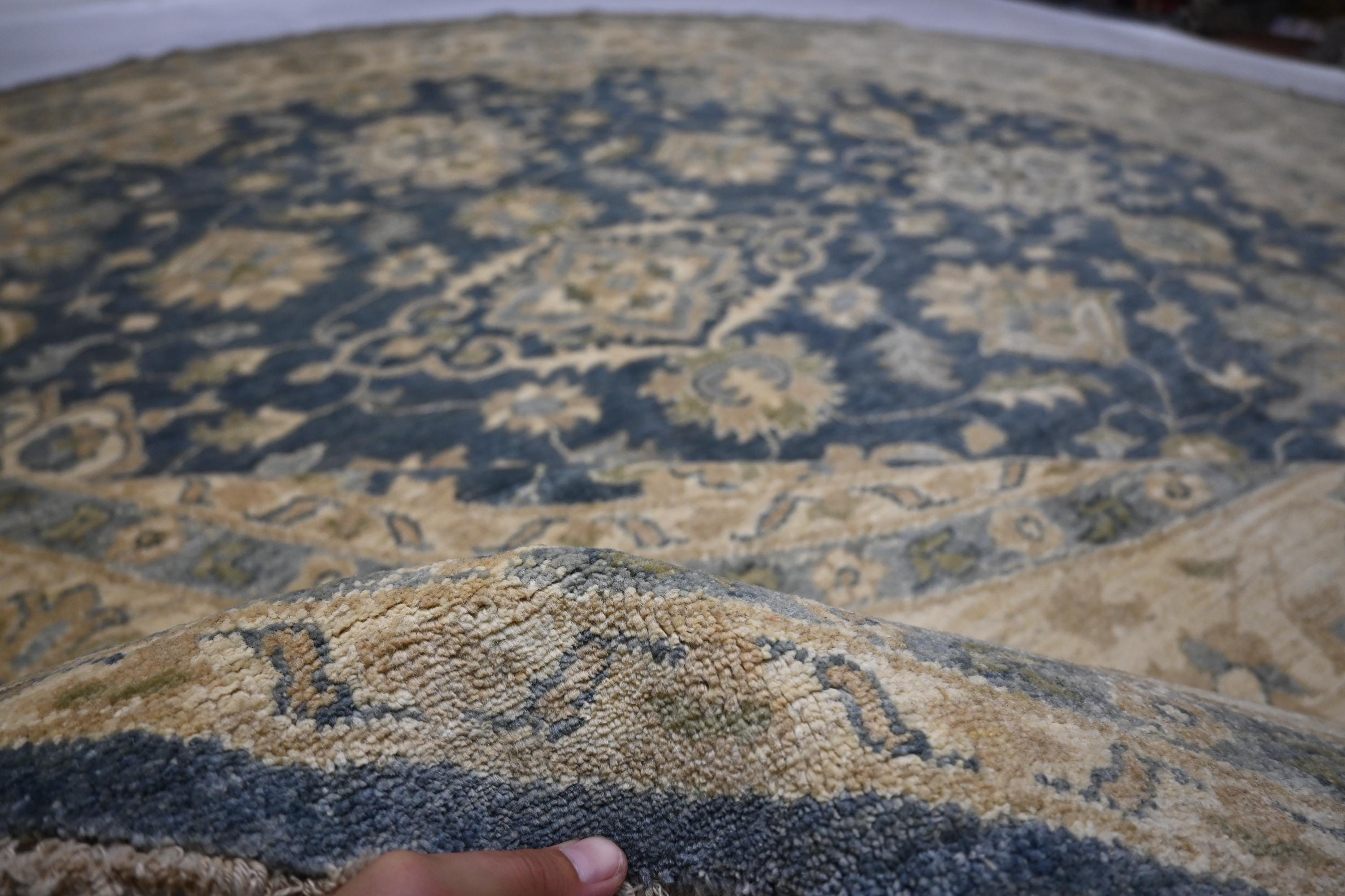 Handmade 9x9 Ft Afghan Turkmen Round Wool Rug, Gray Modern Zeigler Design