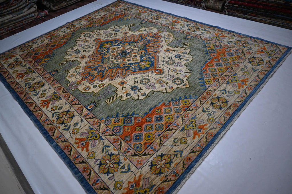 8x10 Turkish Heriz Handmade Afghan Wool Rug Green Medallion Geometric Area Rug