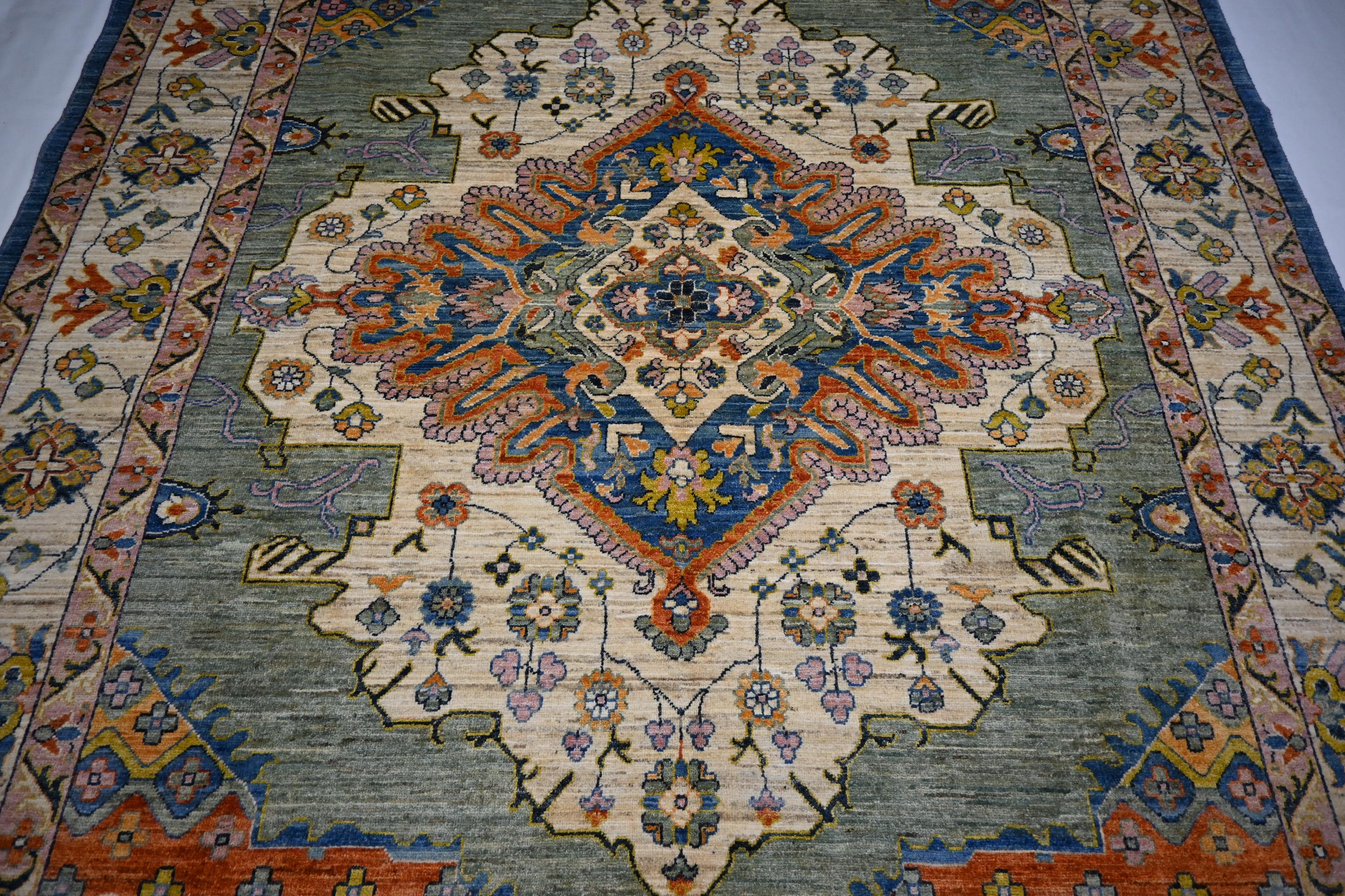 8x10 Turkish Heriz Handmade Afghan Wool Rug Green Medallion Geometric Area Rug