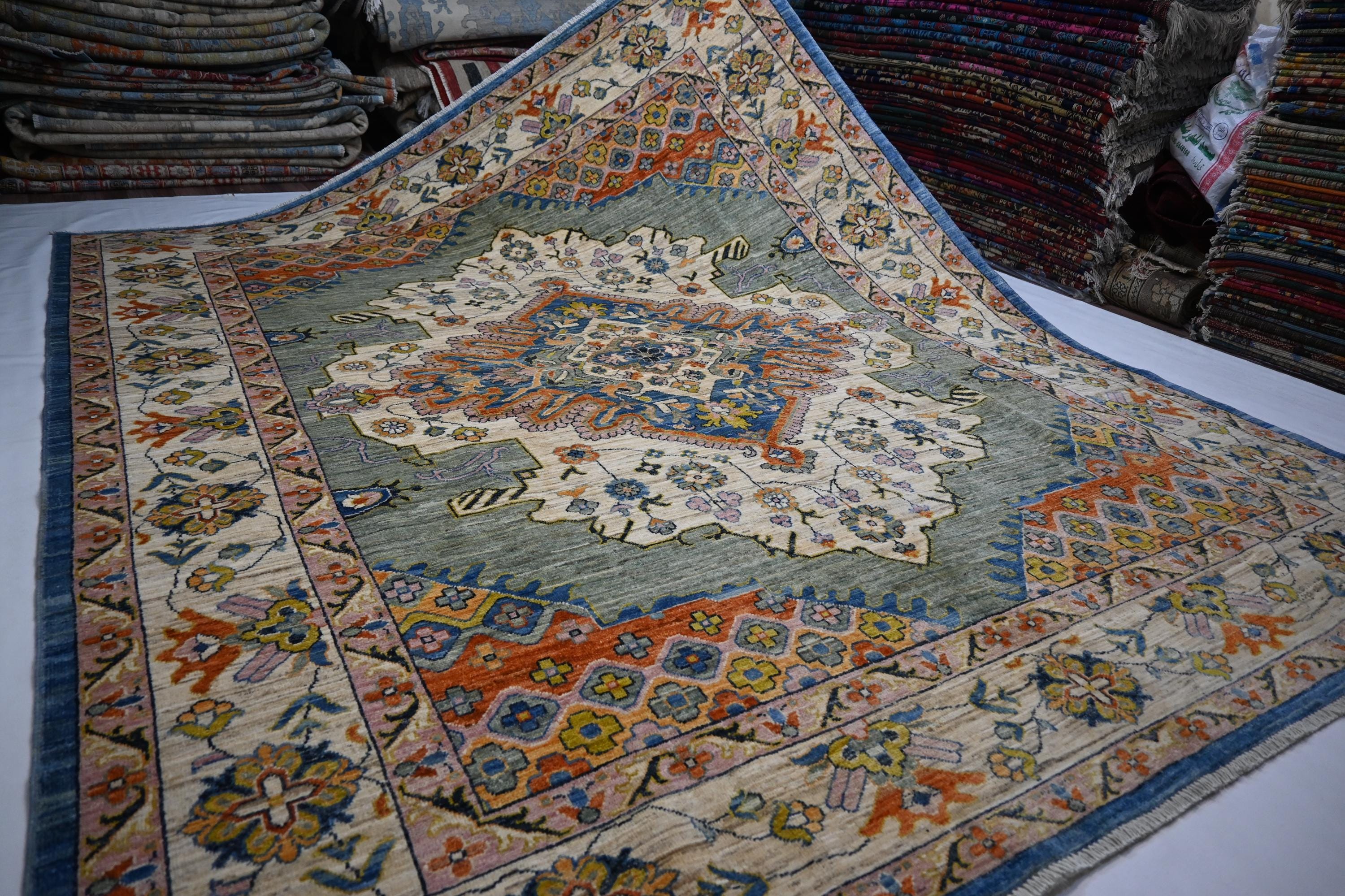 8x10 Turkish Heriz Handmade Afghan Wool Rug Green Medallion Geometric Area Rug