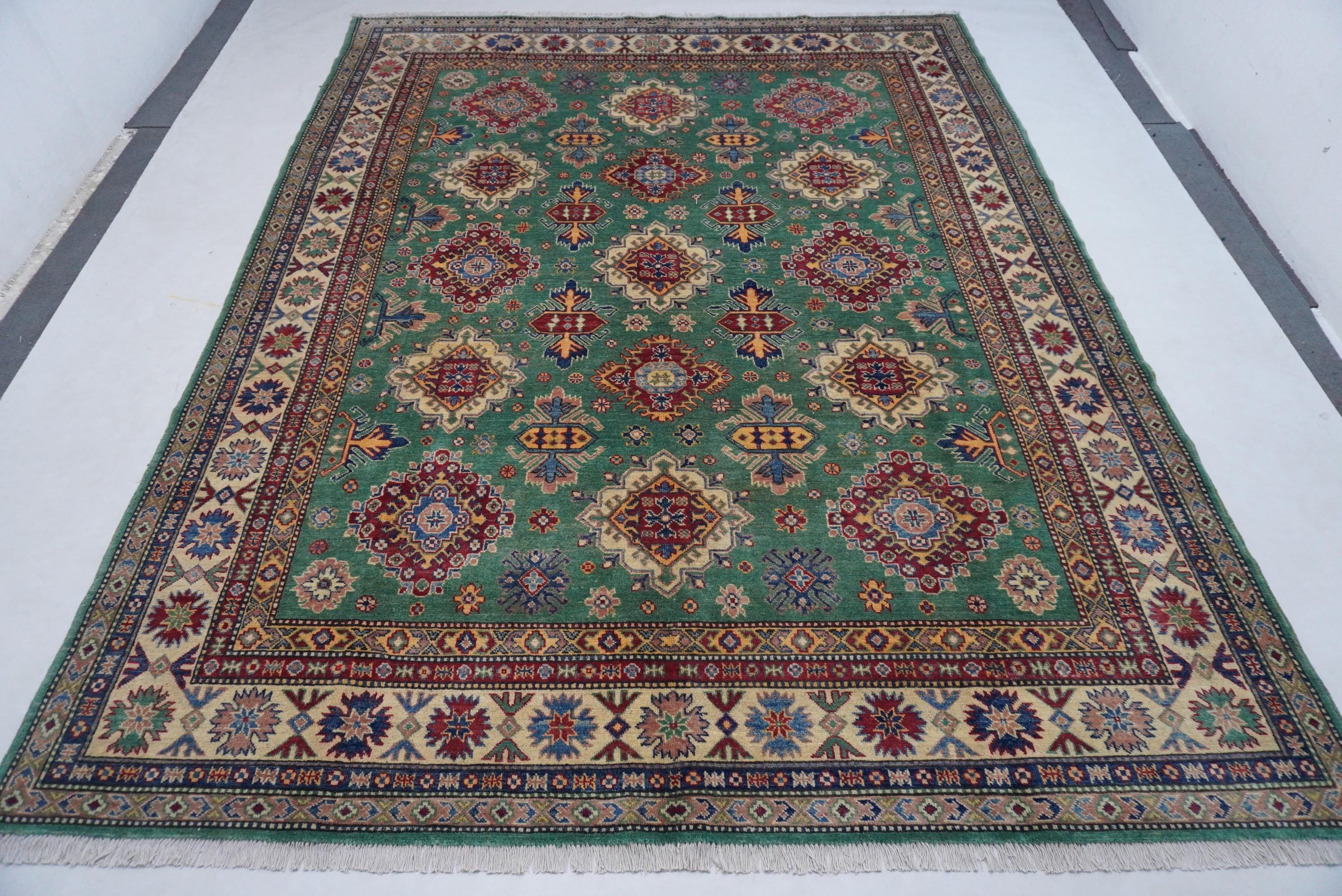 Luxurious 8x10 Green Bijdar Turkish Kazak Hand-Knotted Wool Area Rug