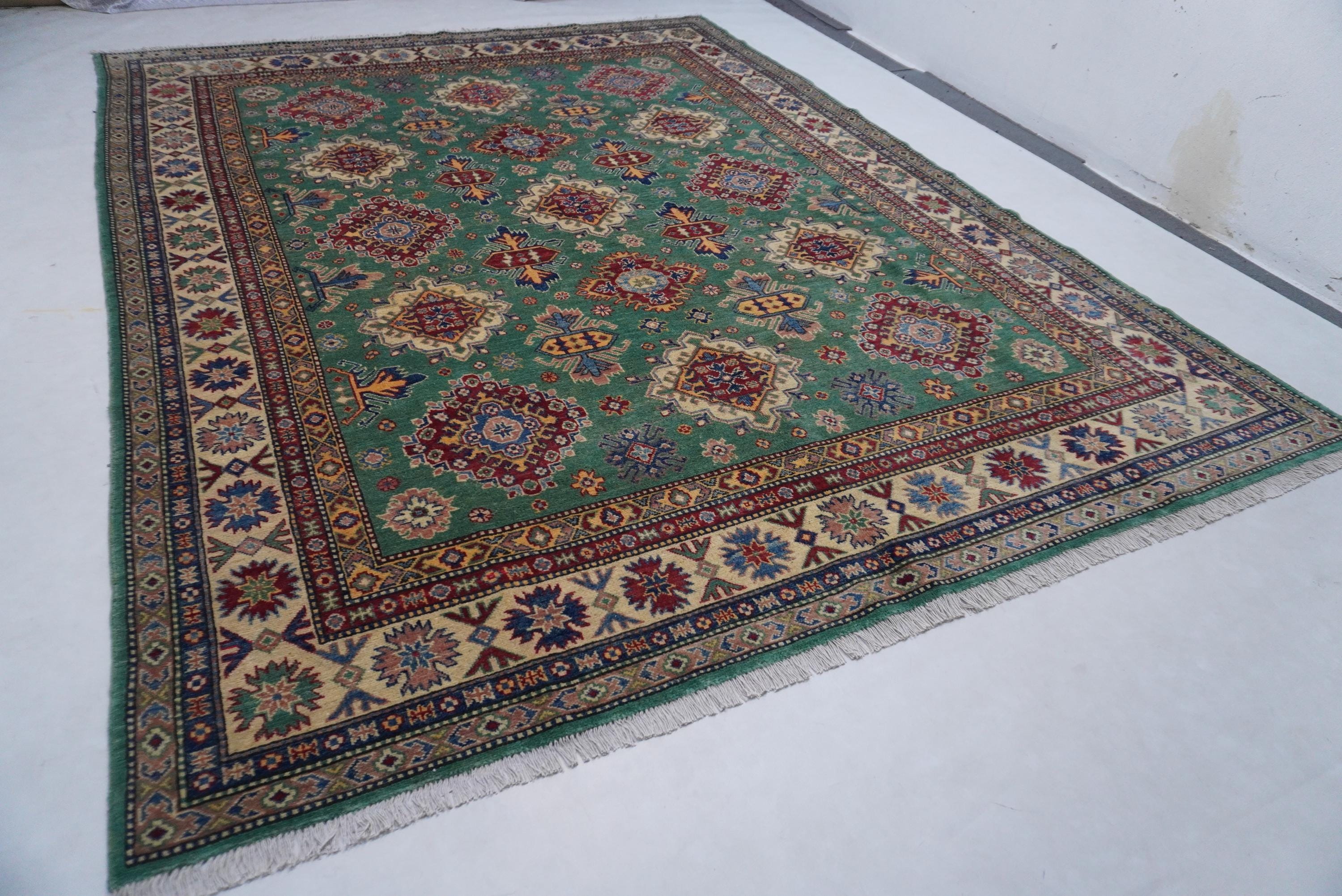 Luxurious 8x10 Green Bijdar Turkish Kazak Hand-Knotted Wool Area Rug