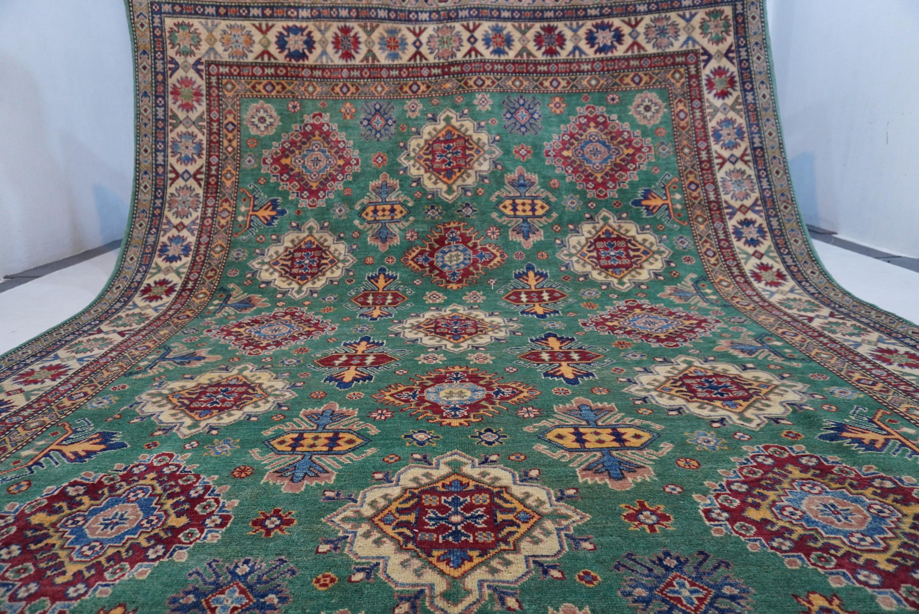 Luxurious 8x10 Green Bijdar Turkish Kazak Hand-Knotted Wool Area Rug