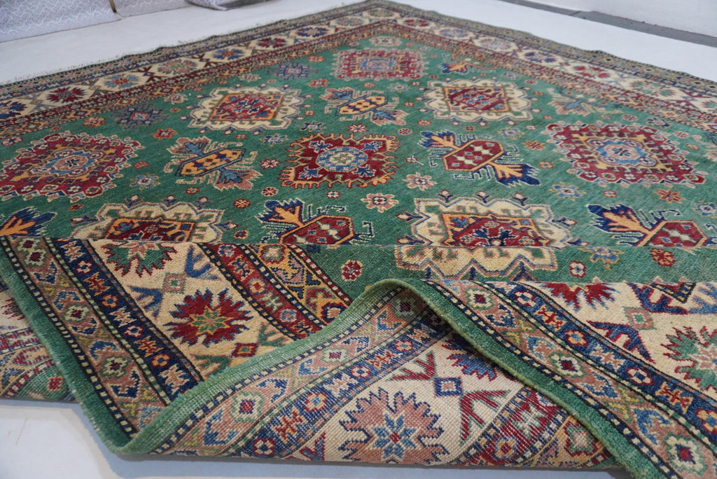Luxurious 8x10 Green Bijdar Turkish Kazak Hand-Knotted Wool Area Rug