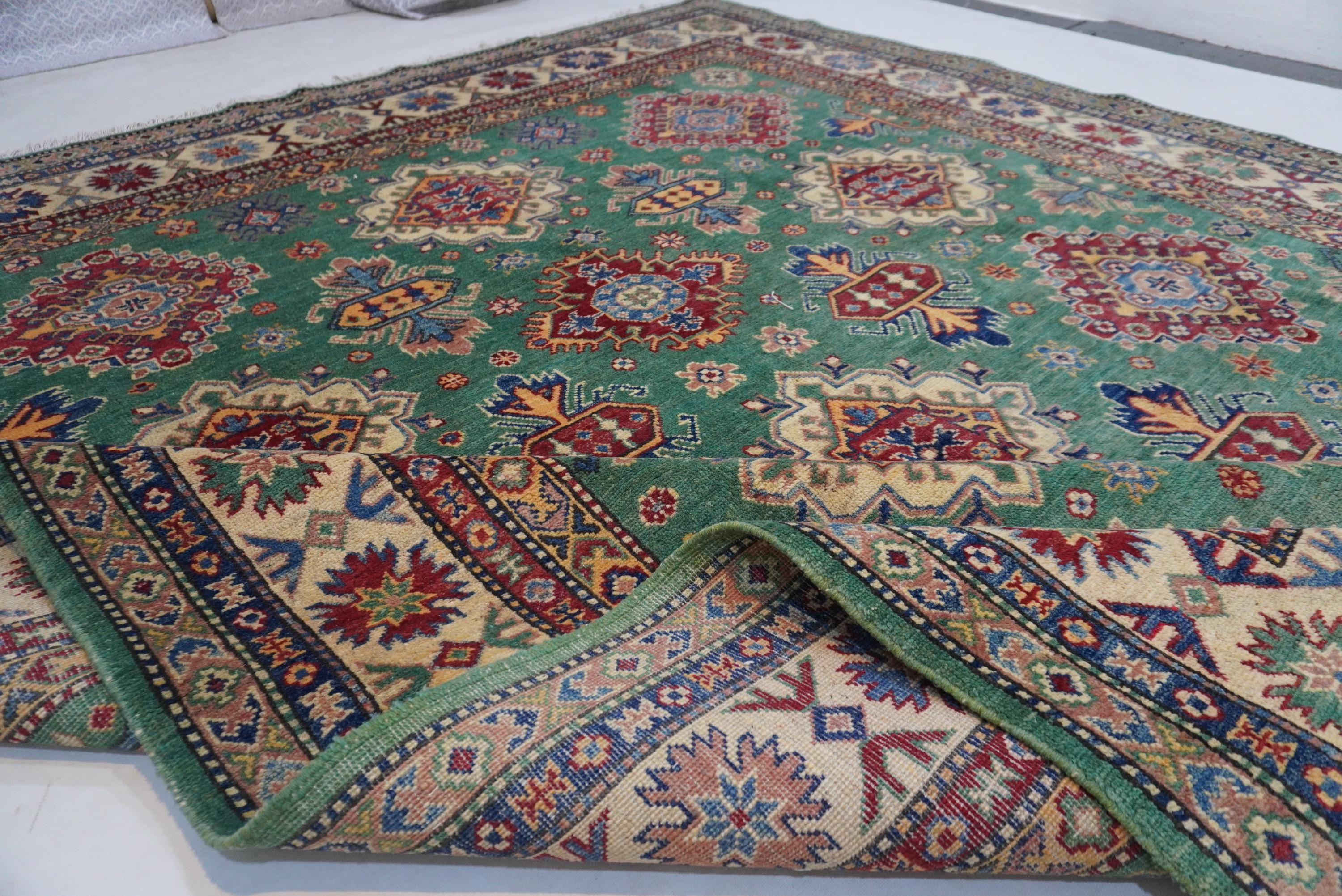Luxurious 8x10 Green Bijdar Turkish Kazak Hand-Knotted Wool Area Rug
