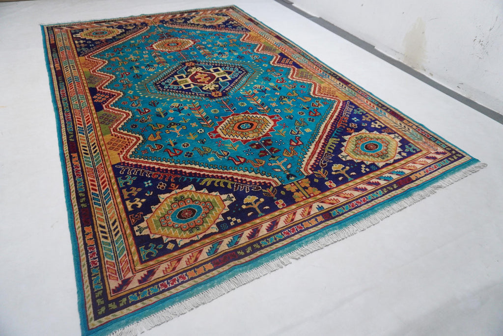 Vibrant Turquoise 7x10 Afghan Caucasian Handmade Wool Area Rug