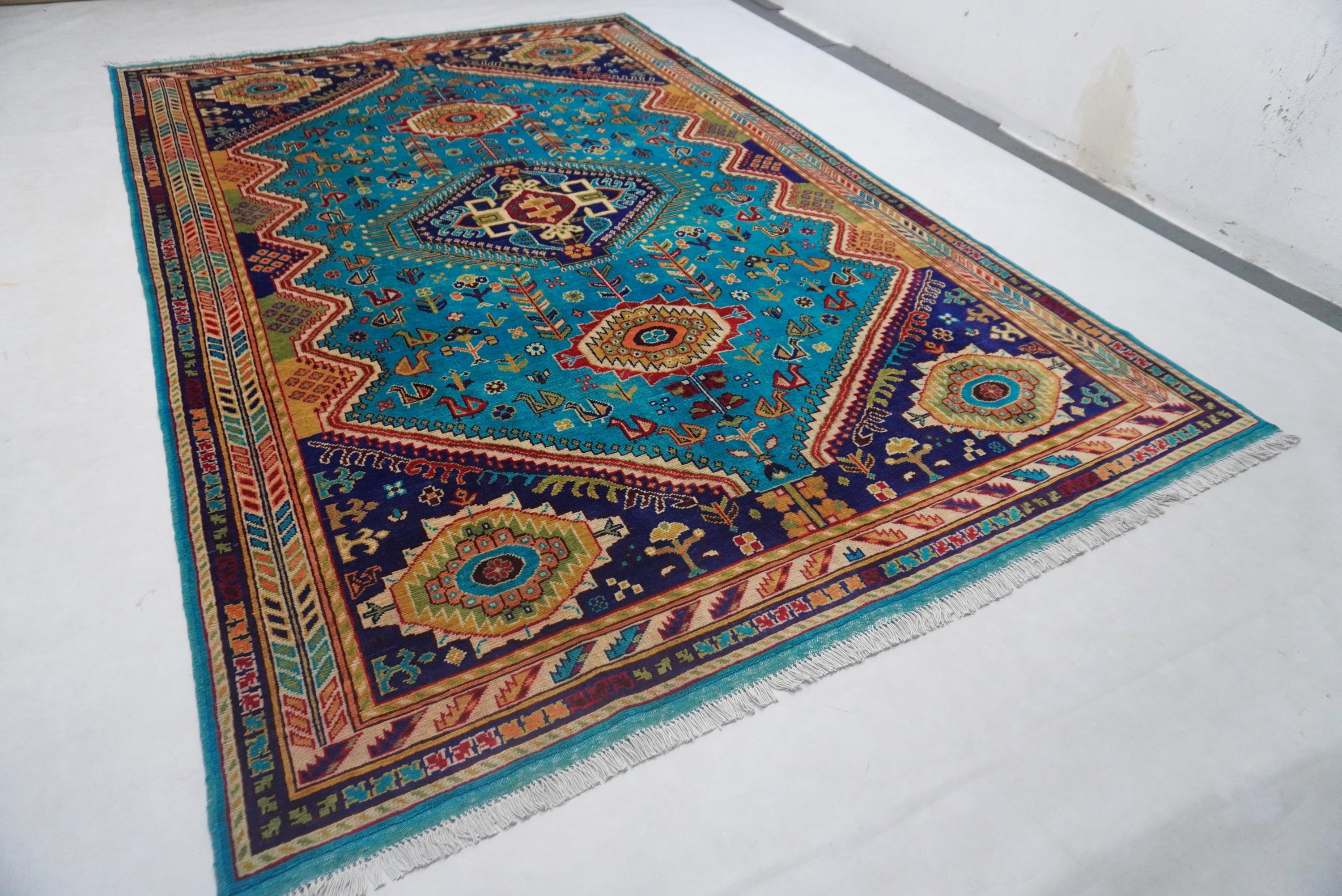 Vibrant Turquoise 7x10 Afghan Caucasian Handmade Wool Area Rug