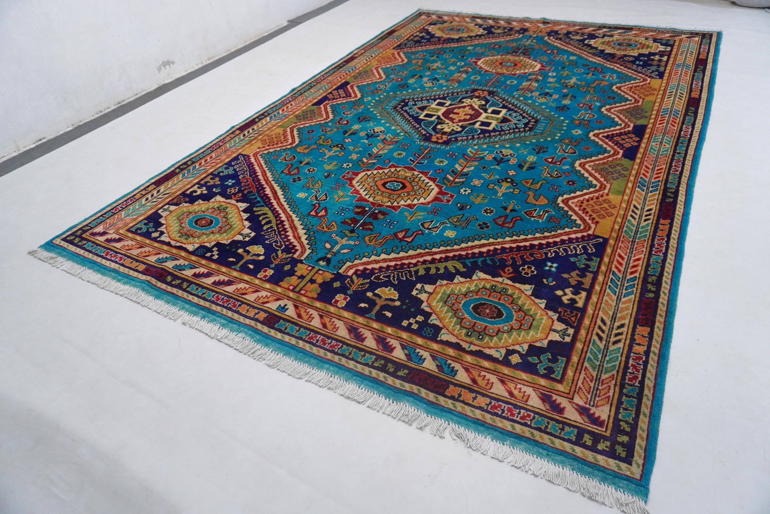 Vibrant Turquoise 7x10 Afghan Caucasian Handmade Wool Area Rug