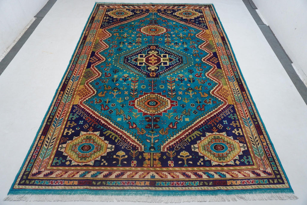 Vibrant Turquoise 7x10 Afghan Caucasian Handmade Wool Area Rug