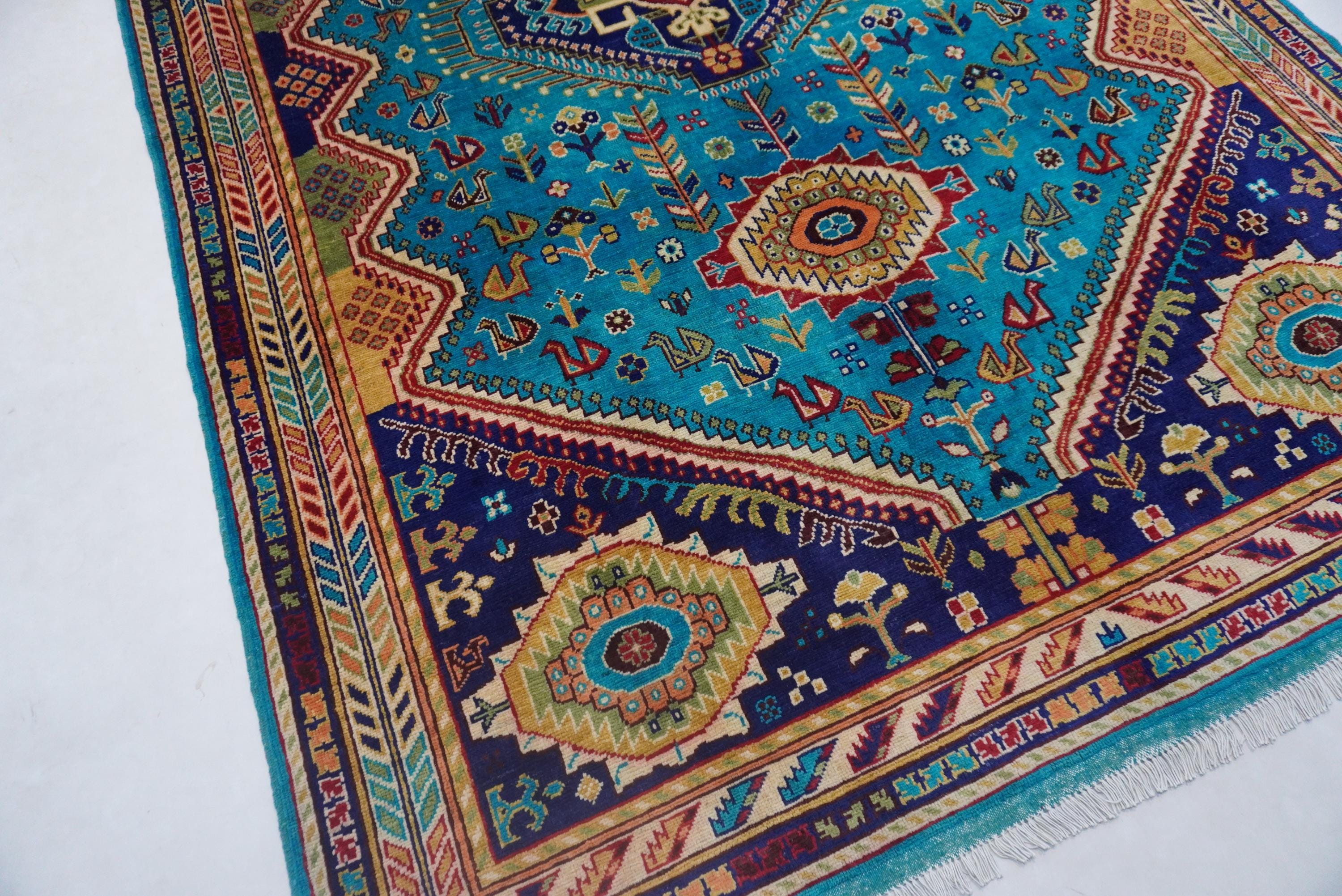 Vibrant Turquoise 7x10 Afghan Caucasian Handmade Wool Area Rug
