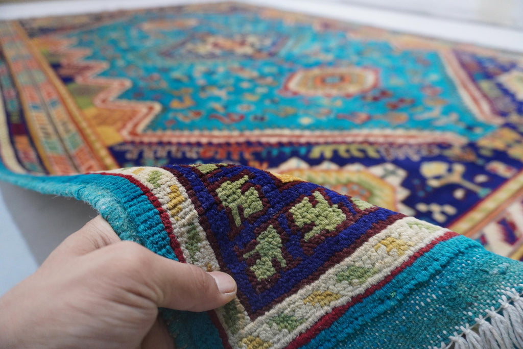 Vibrant Turquoise 7x10 Afghan Caucasian Handmade Wool Area Rug