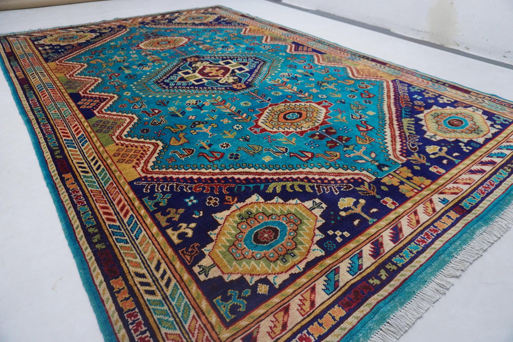 Vibrant Turquoise 7x10 Afghan Caucasian Handmade Wool Area Rug