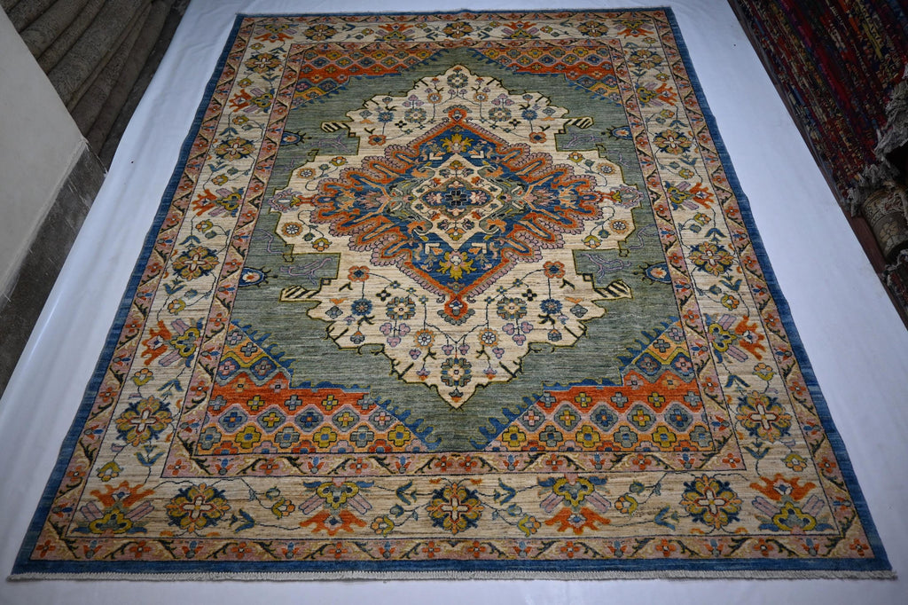 8x10 Turkish Heriz Handmade Afghan Wool Rug Green Medallion Geometric Area Rug