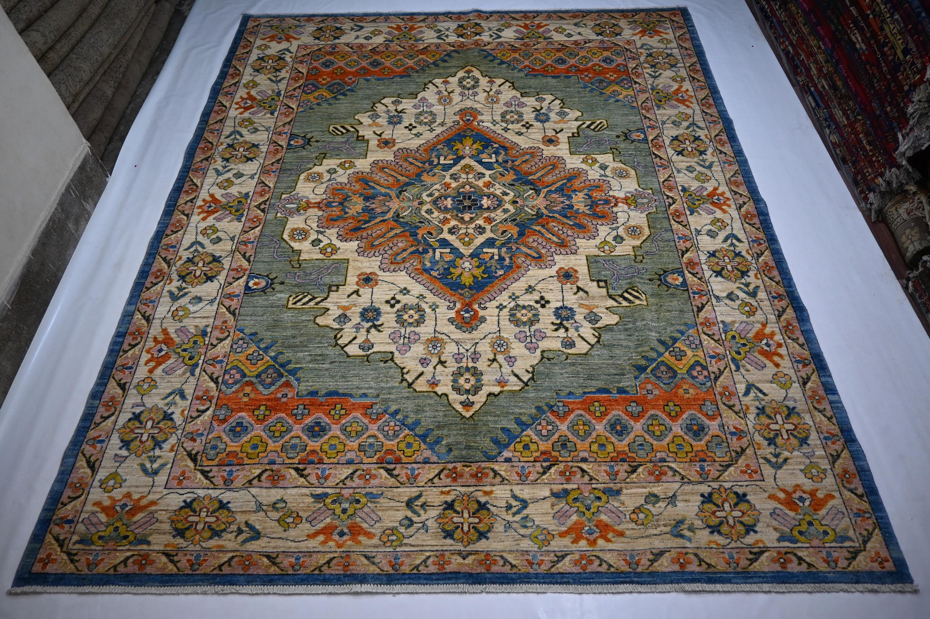 8x10 Turkish Heriz Handmade Afghan Wool Rug Green Medallion Geometric Area Rug