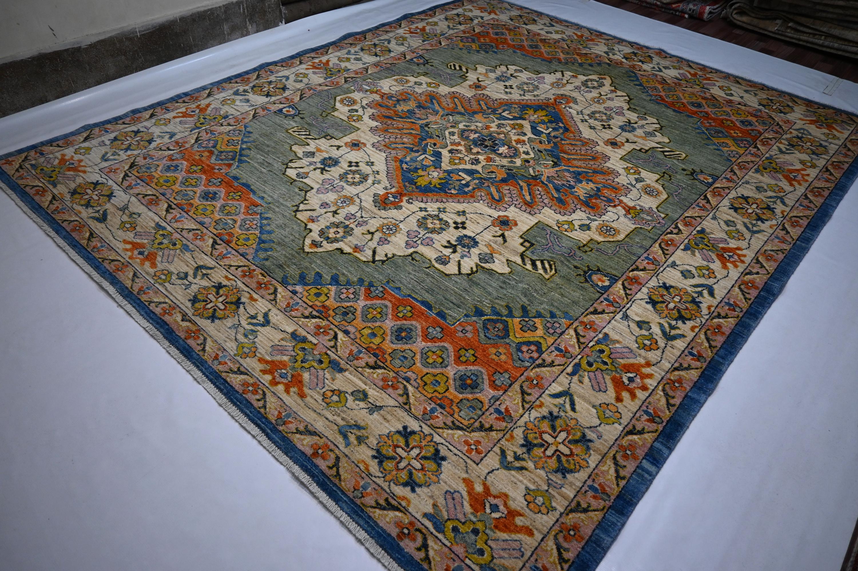 8x10 Turkish Heriz Handmade Afghan Wool Rug Green Medallion Geometric Area Rug