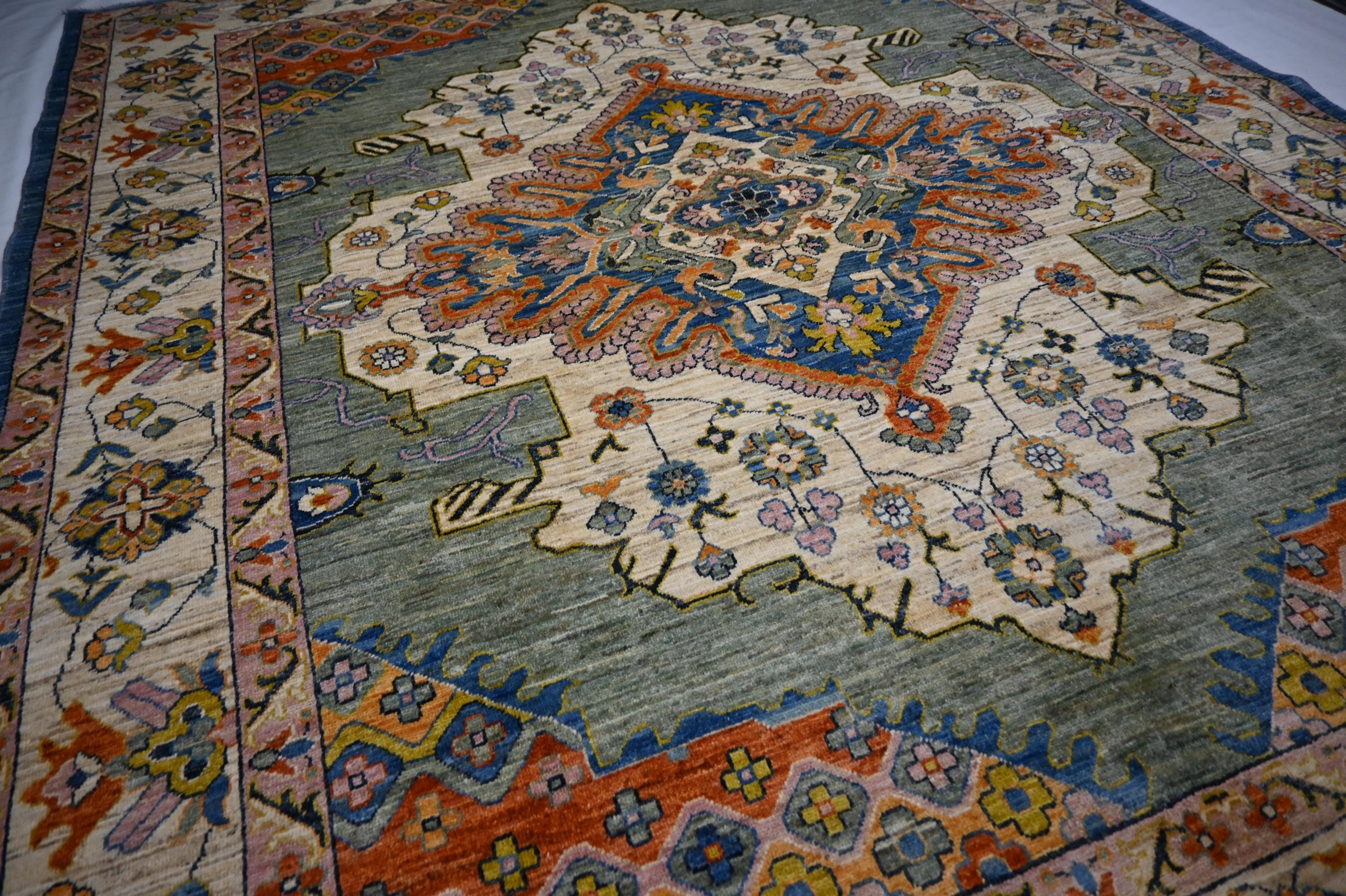 8x10 Turkish Heriz Handmade Afghan Wool Rug Green Medallion Geometric Area Rug