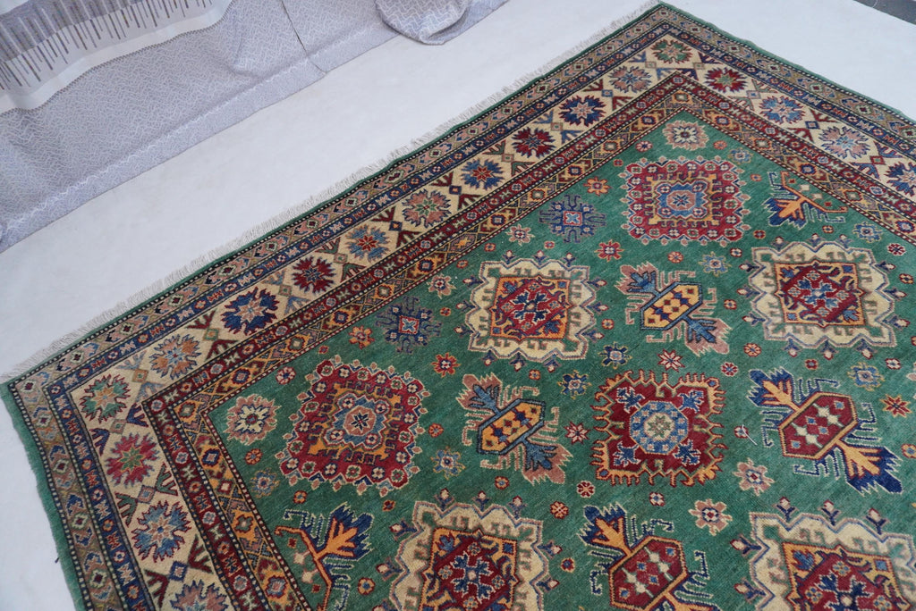 Luxurious 8x10 Green Bijdar Turkish Kazak Hand-Knotted Wool Area Rug