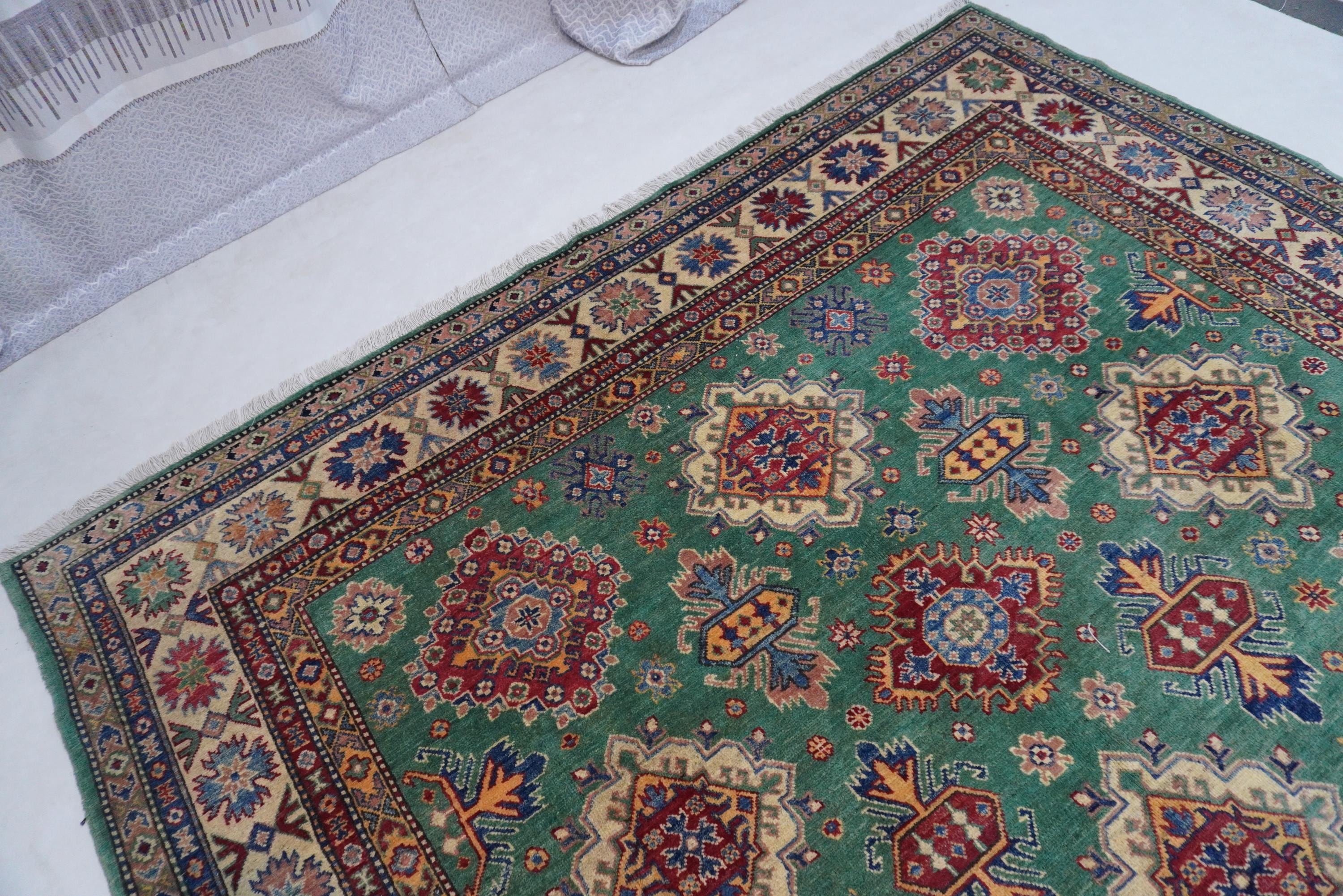 Luxurious 8x10 Green Bijdar Turkish Kazak Hand-Knotted Wool Area Rug