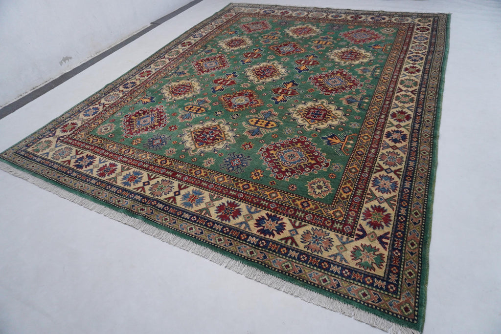 Luxurious 8x10 Green Bijdar Turkish Kazak Hand-Knotted Wool Area Rug
