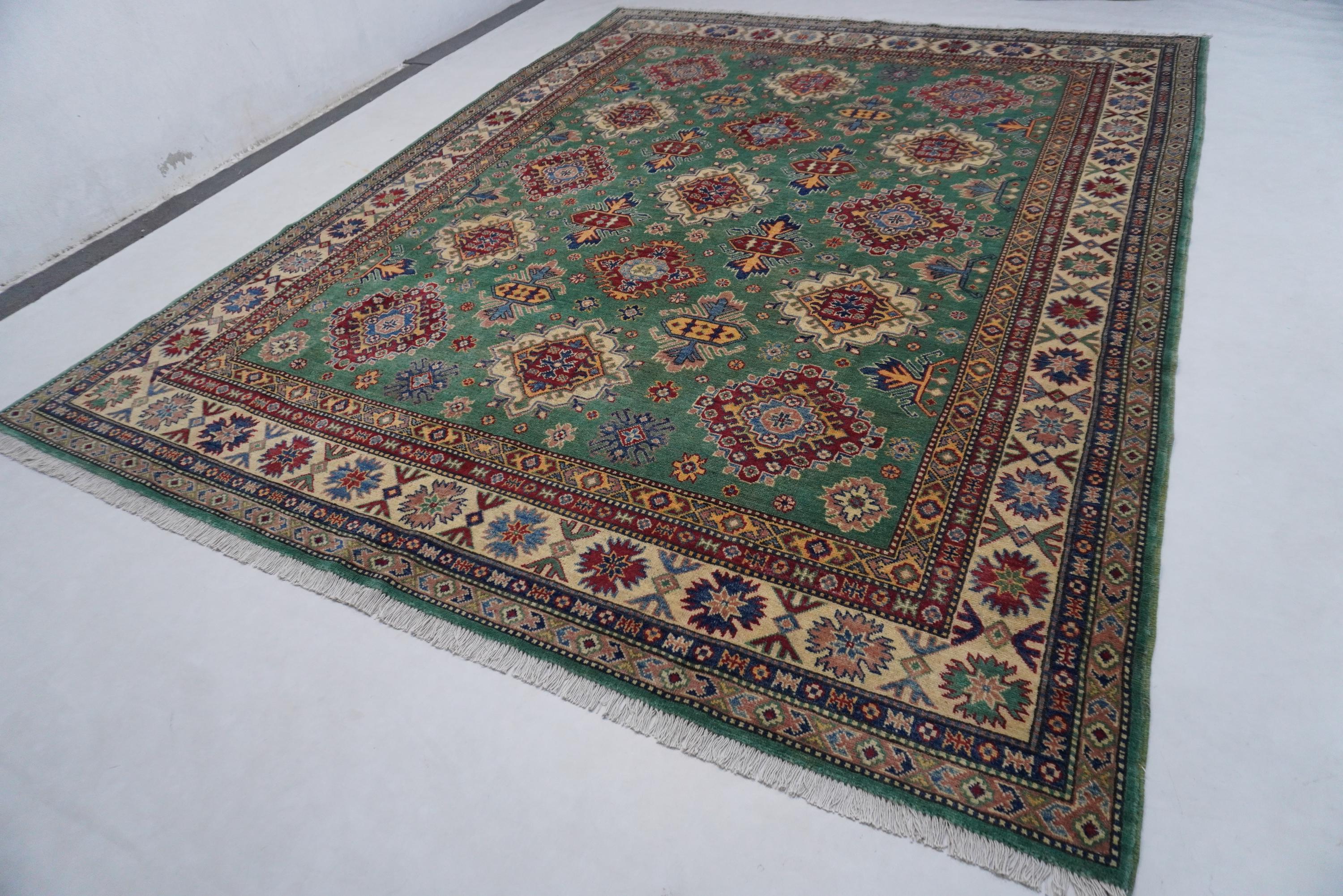 Luxurious 8x10 Green Bijdar Turkish Kazak Hand-Knotted Wool Area Rug
