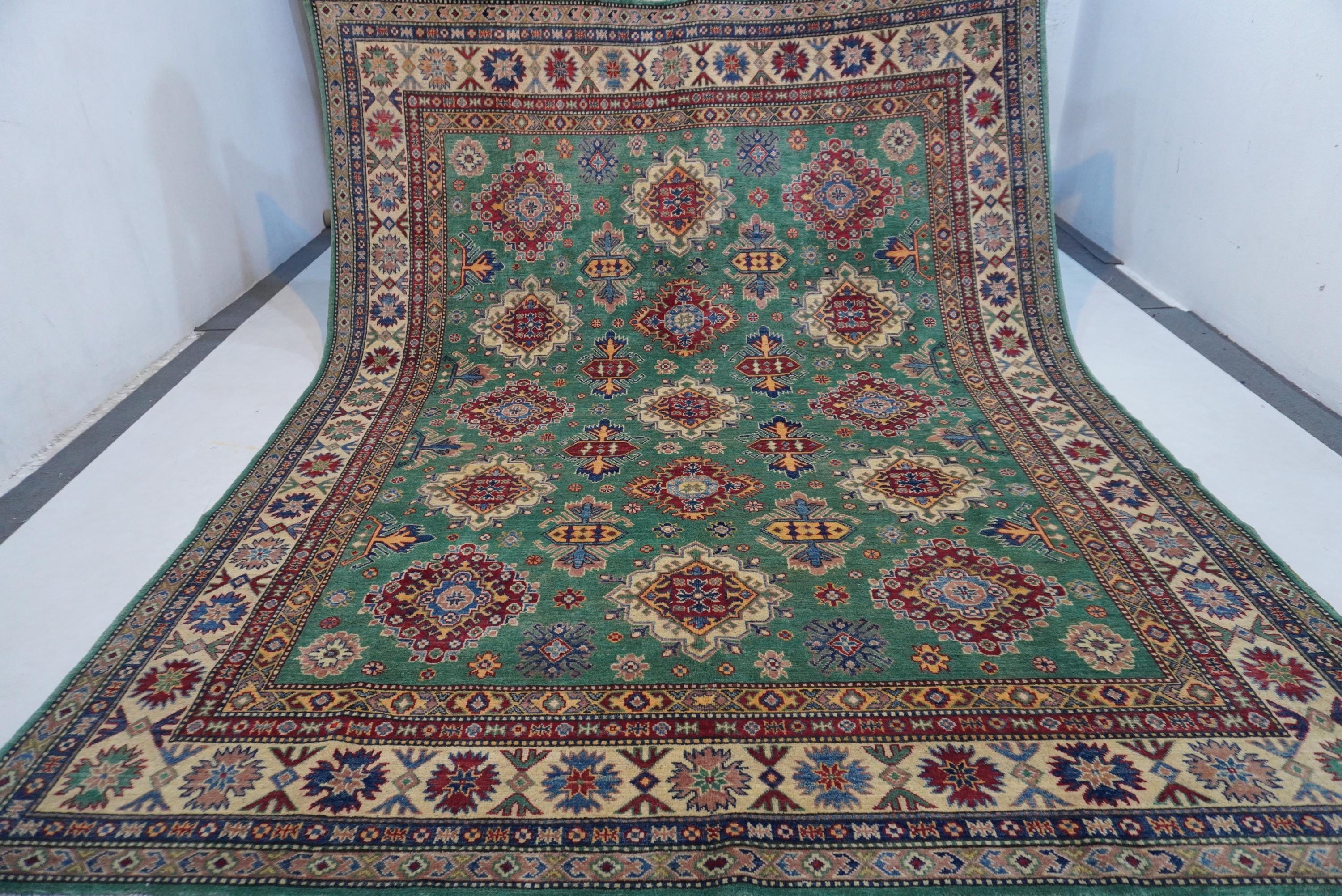 Luxurious 8x10 Green Bijdar Turkish Kazak Hand-Knotted Wool Area Rug