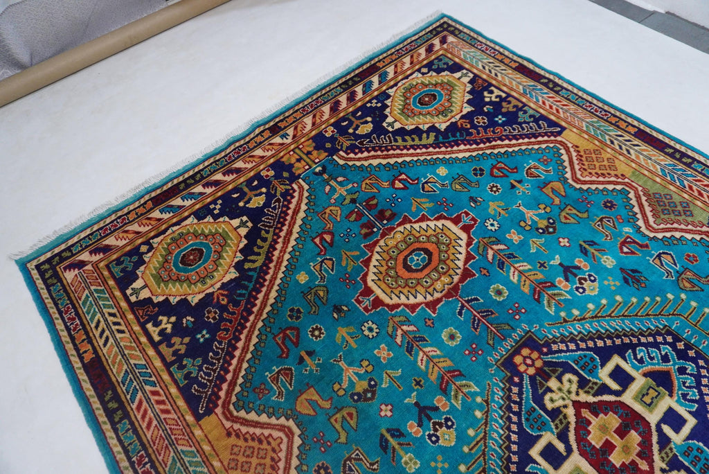 Vibrant Turquoise 7x10 Afghan Caucasian Handmade Wool Area Rug