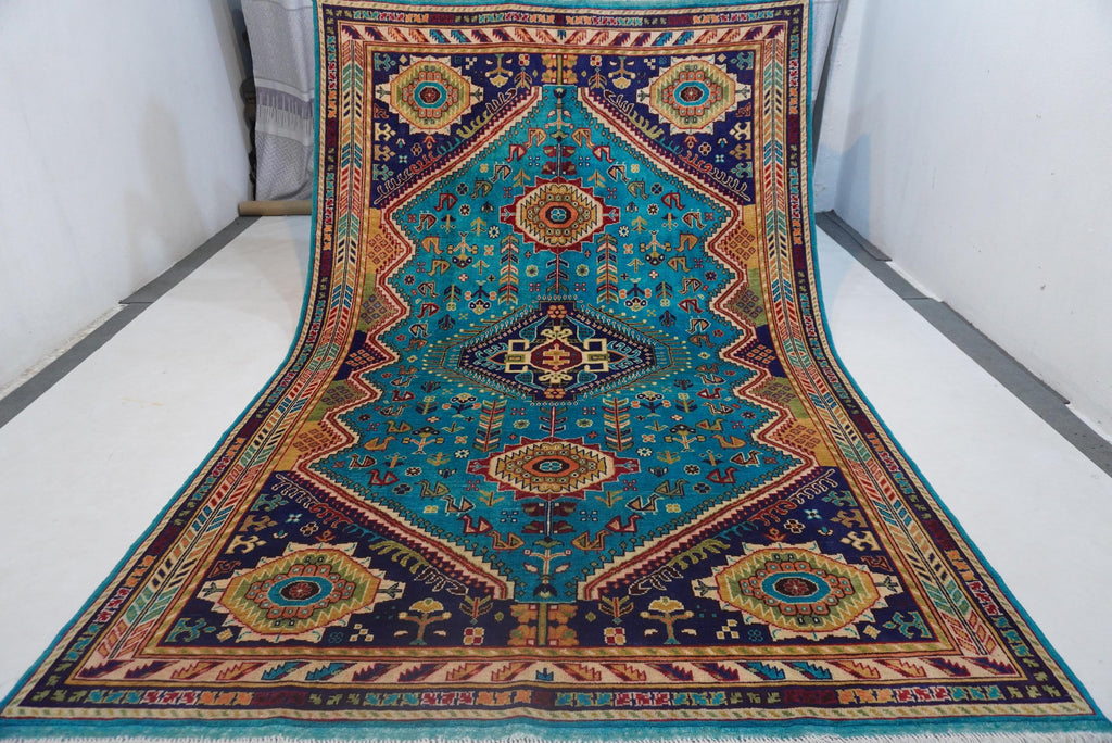 Vibrant Turquoise 7x10 Afghan Caucasian Handmade Wool Area Rug